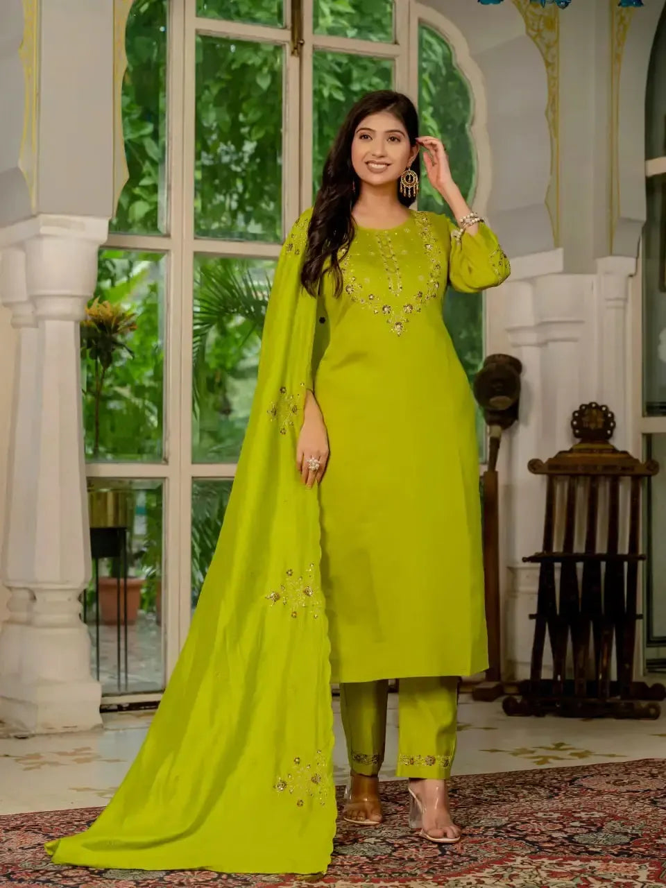 Embroidered Marina Silk Kurti Set with Pants & Dupatta