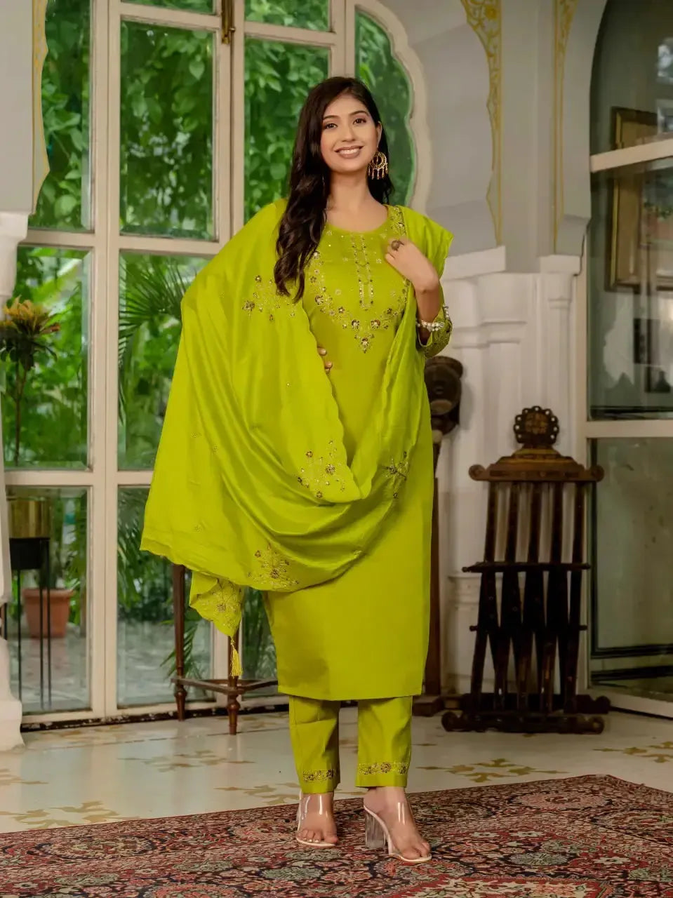 Embroidered Marina Silk Kurti Set with Pants & Dupatta