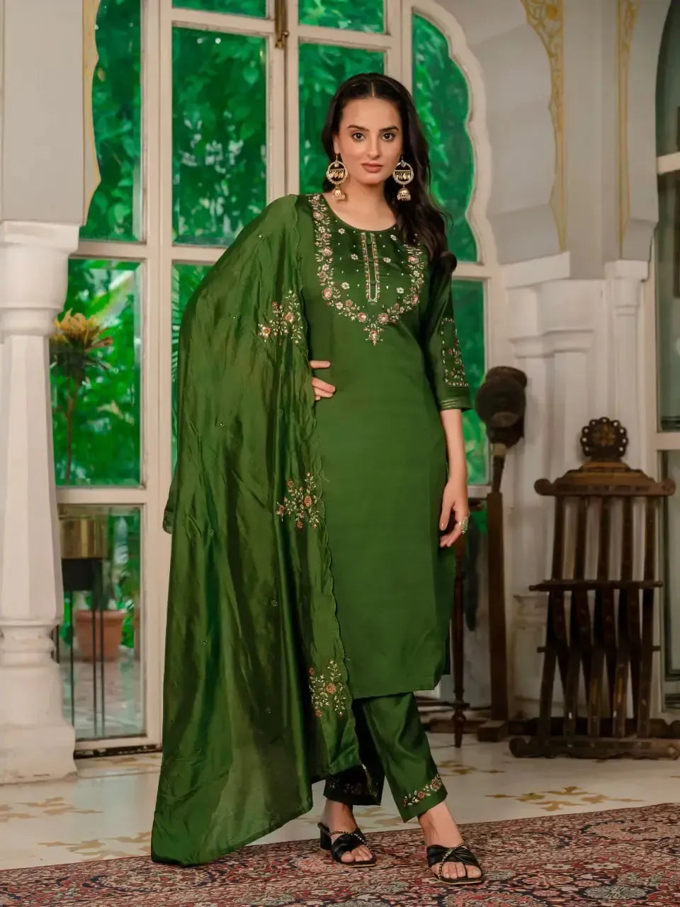 Embroidered Marina Silk Kurti Set with Pants & Dupatta