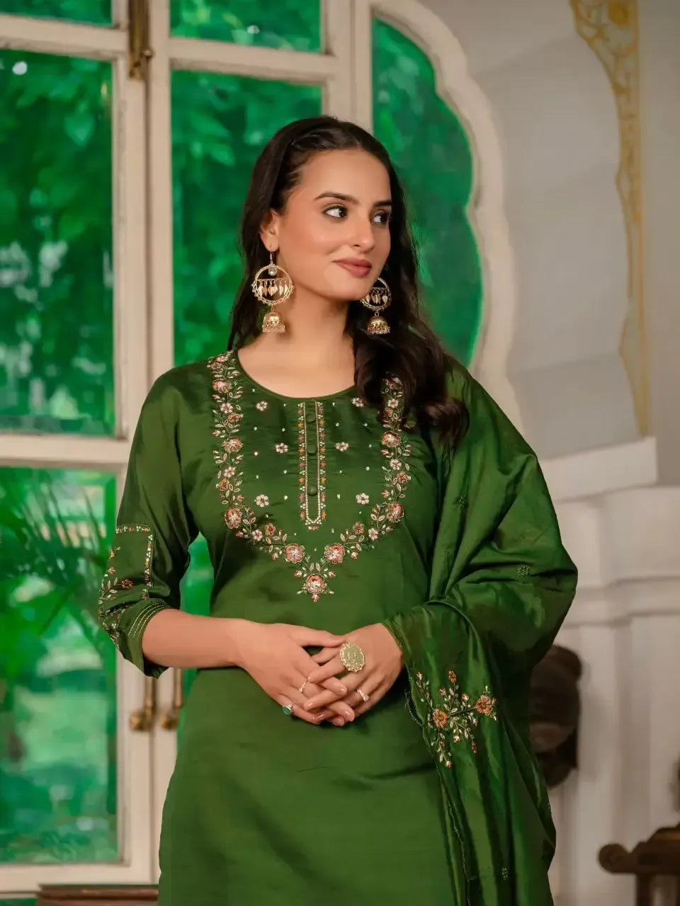 Embroidered Marina Silk Kurti Set with Pants & Dupatta