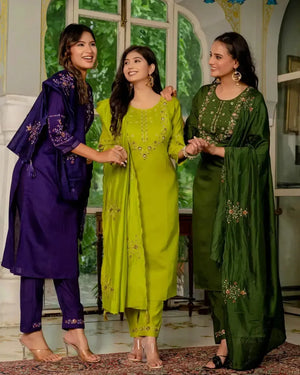Embroidered Marina Silk Kurti Set with Pants & Dupatta