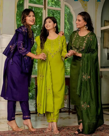Embroidered Marina Silk Kurti Set with Pants & Dupatta