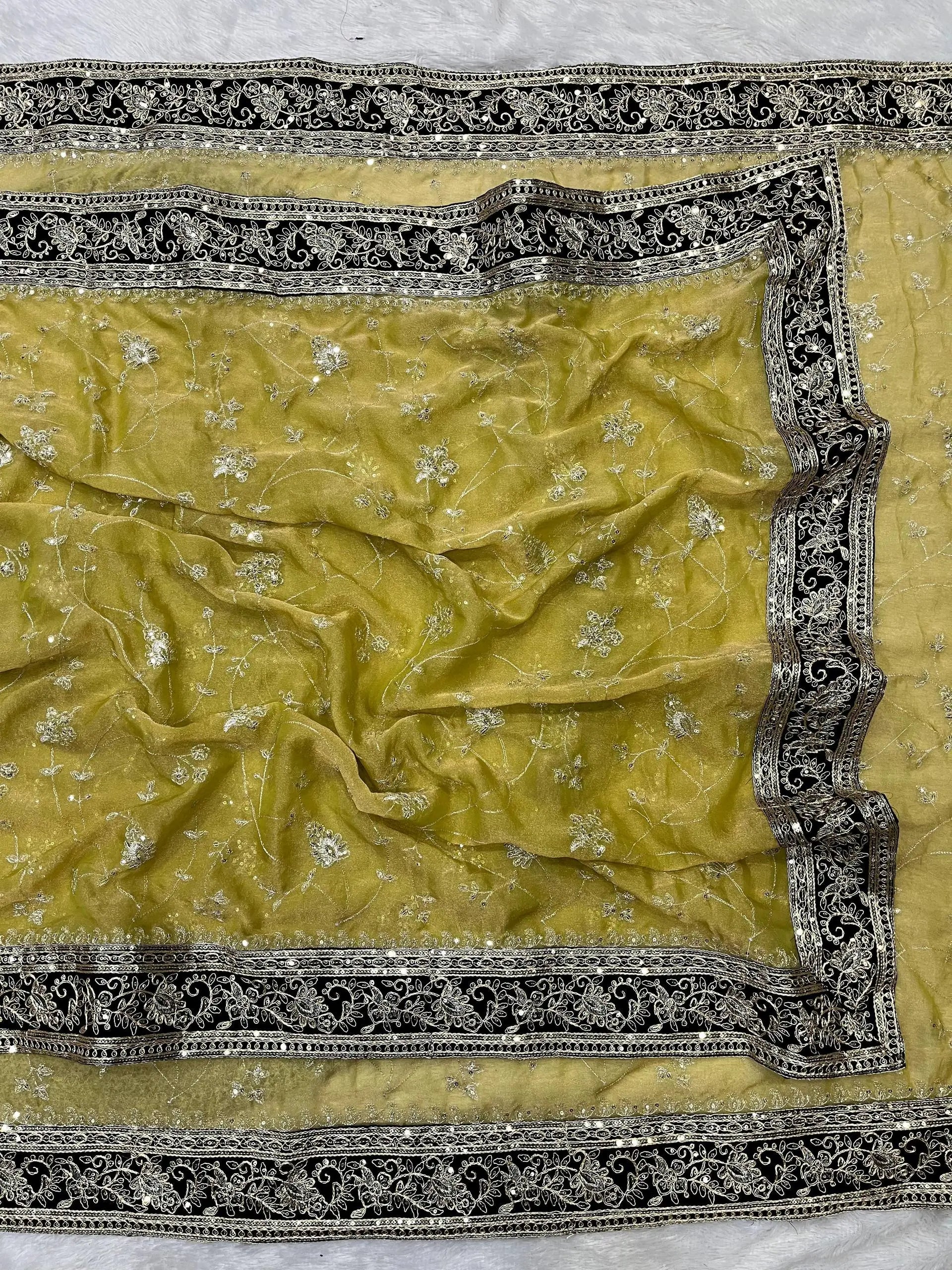 Embroidered Mocha Silk Saree with Velvet Blouse