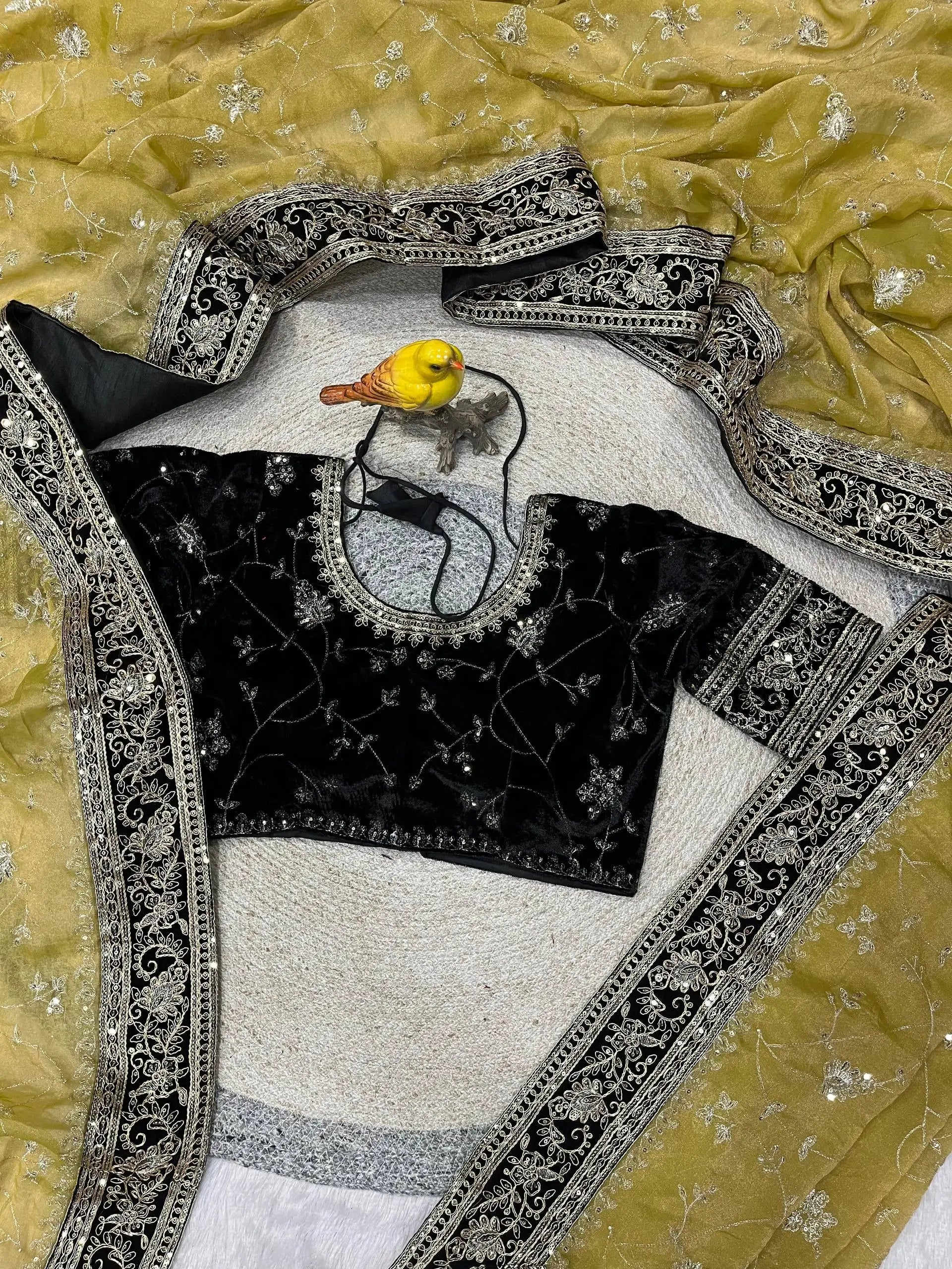 Embroidered Mocha Silk Saree with Velvet Blouse