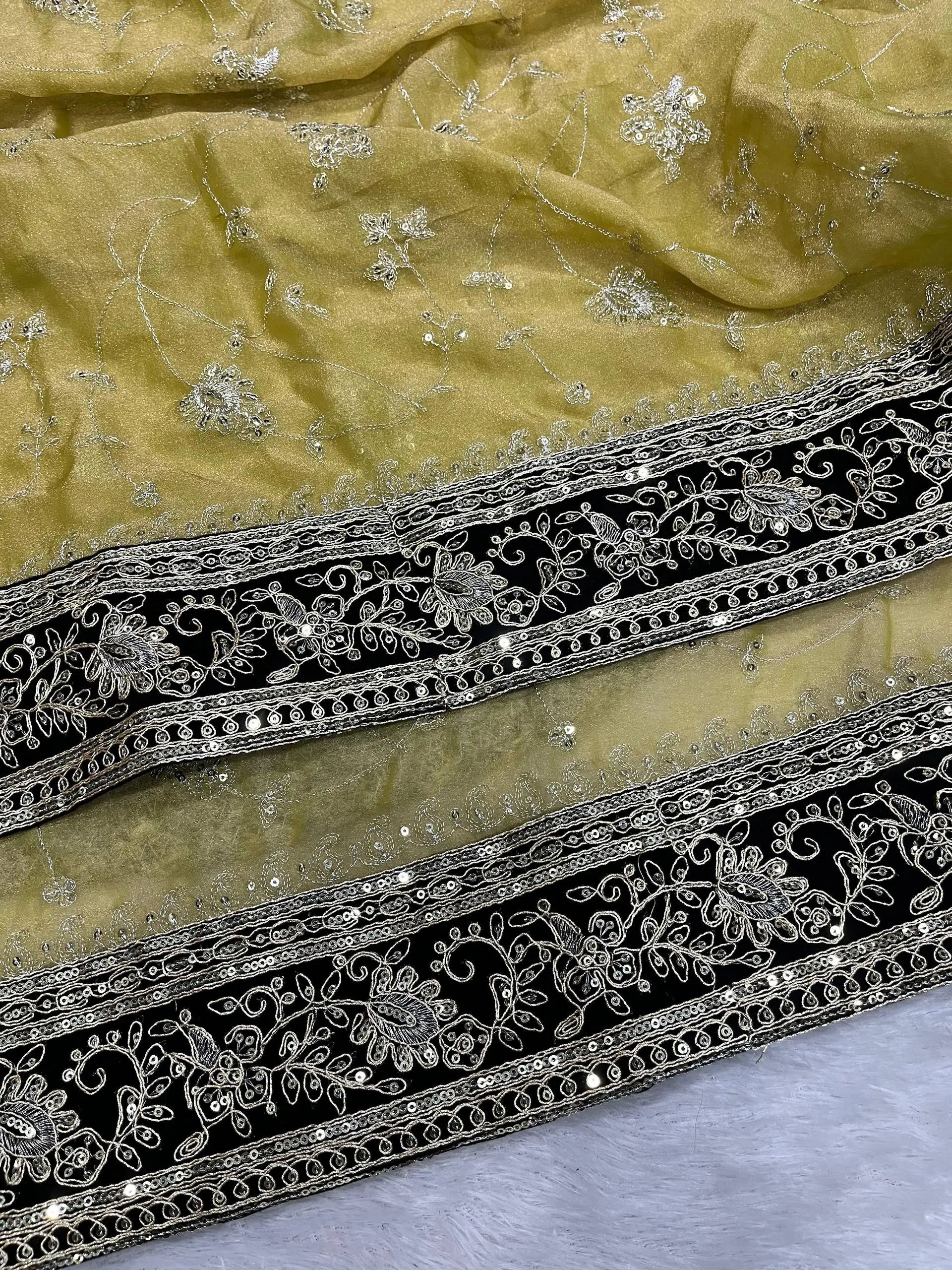 Embroidered Mocha Silk Saree with Velvet Blouse