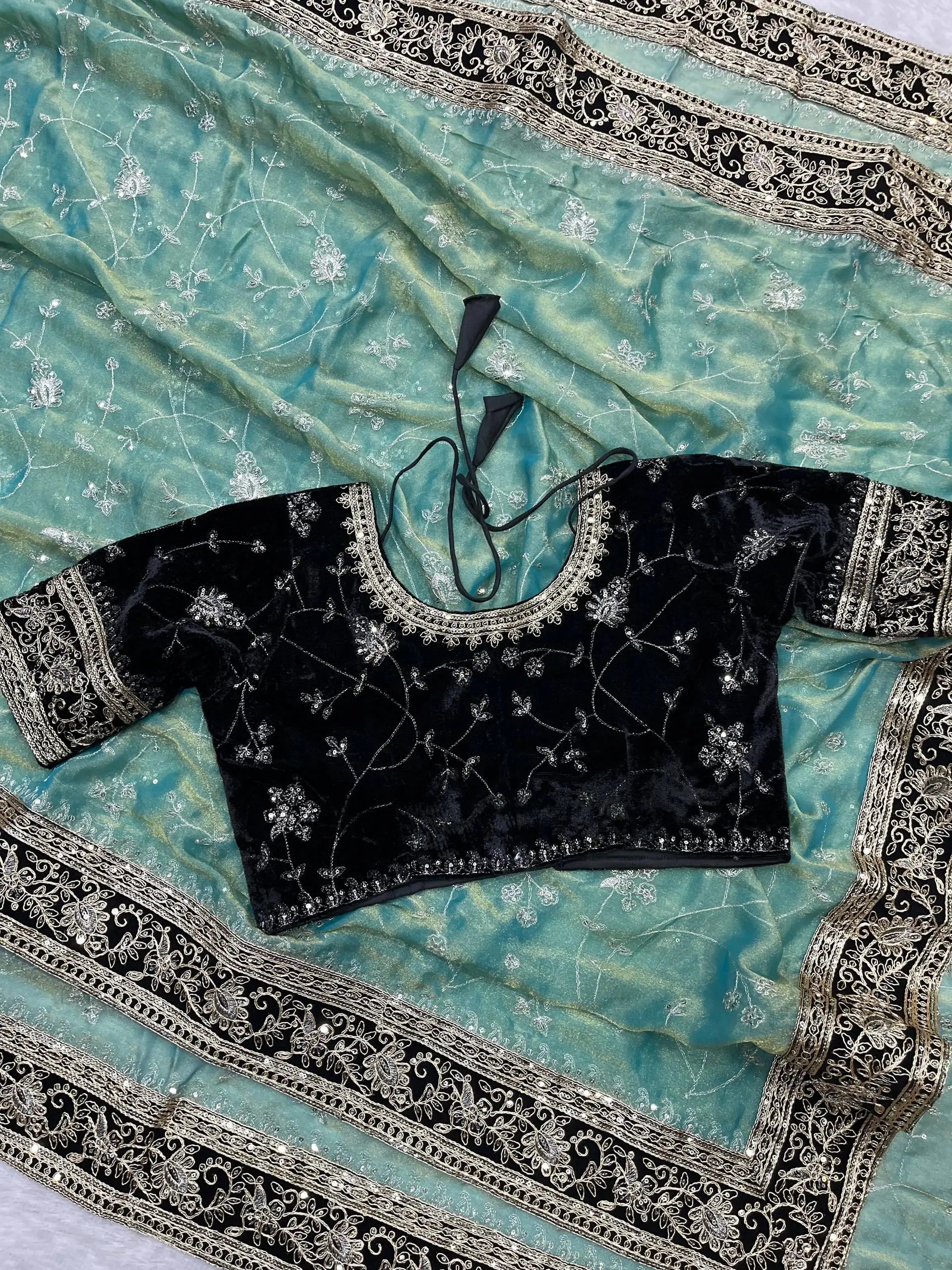 Embroidered Mocha Silk Saree with Velvet Blouse