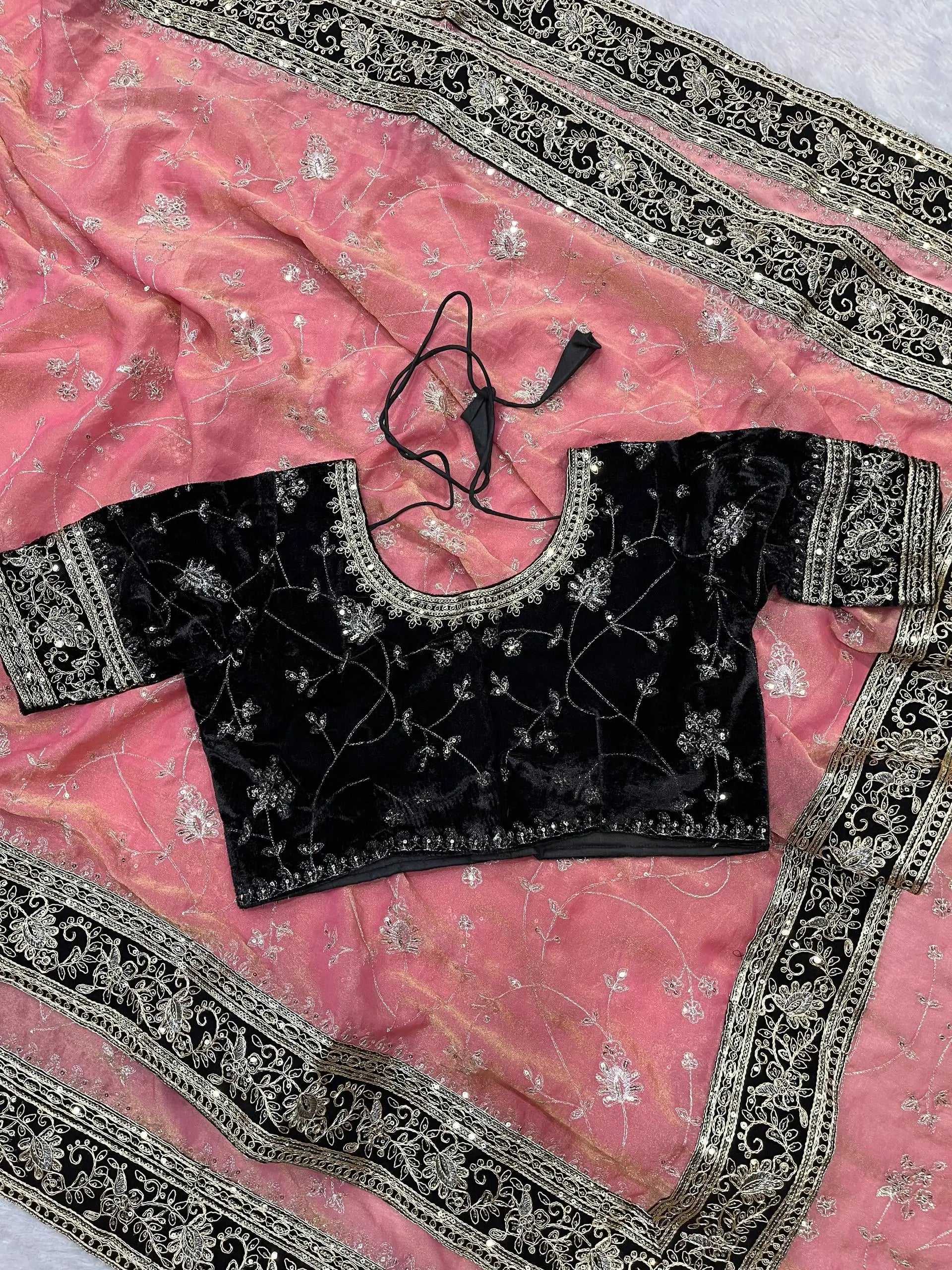 Embroidered Mocha Silk Saree with Velvet Blouse