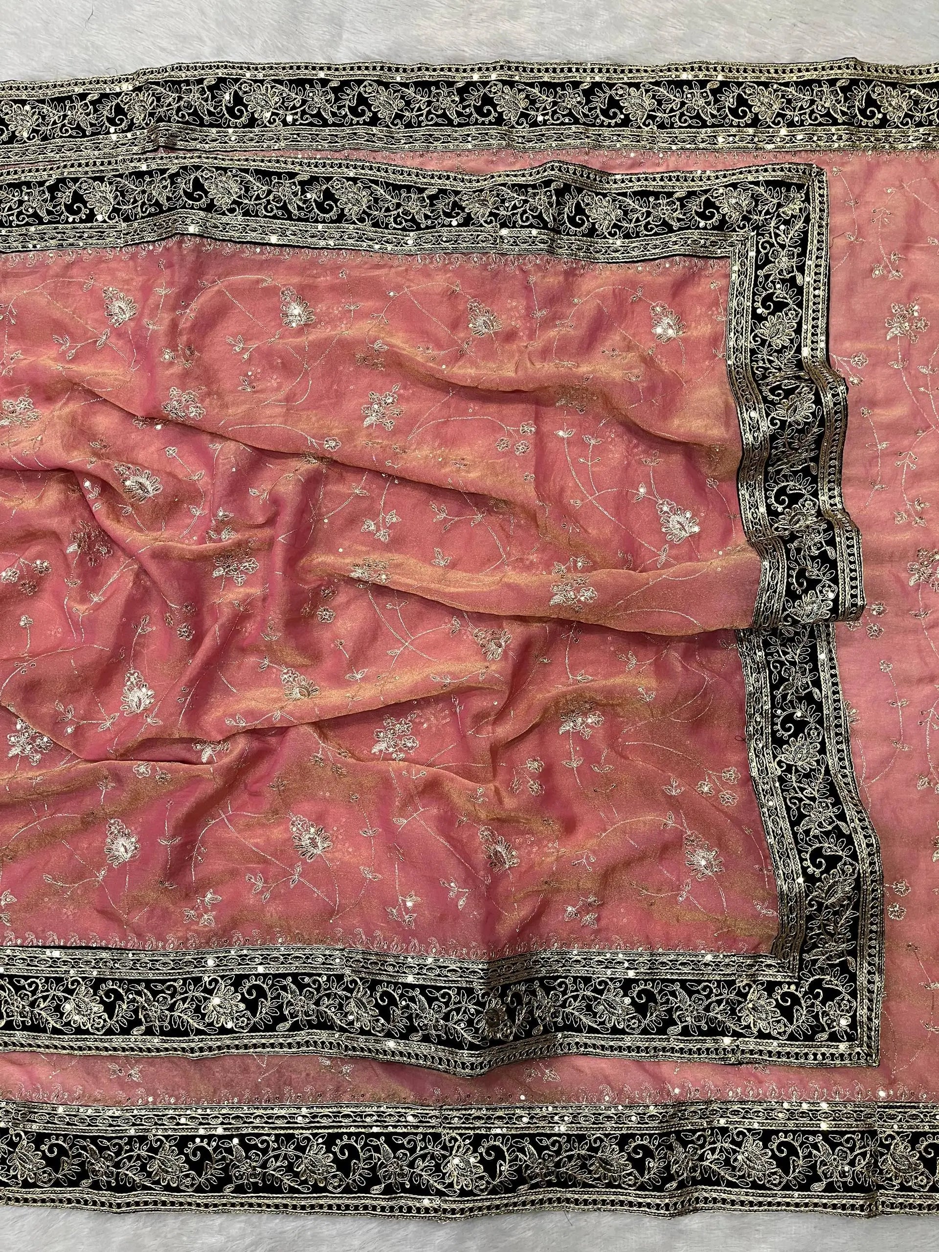 Embroidered Mocha Silk Saree with Velvet Blouse