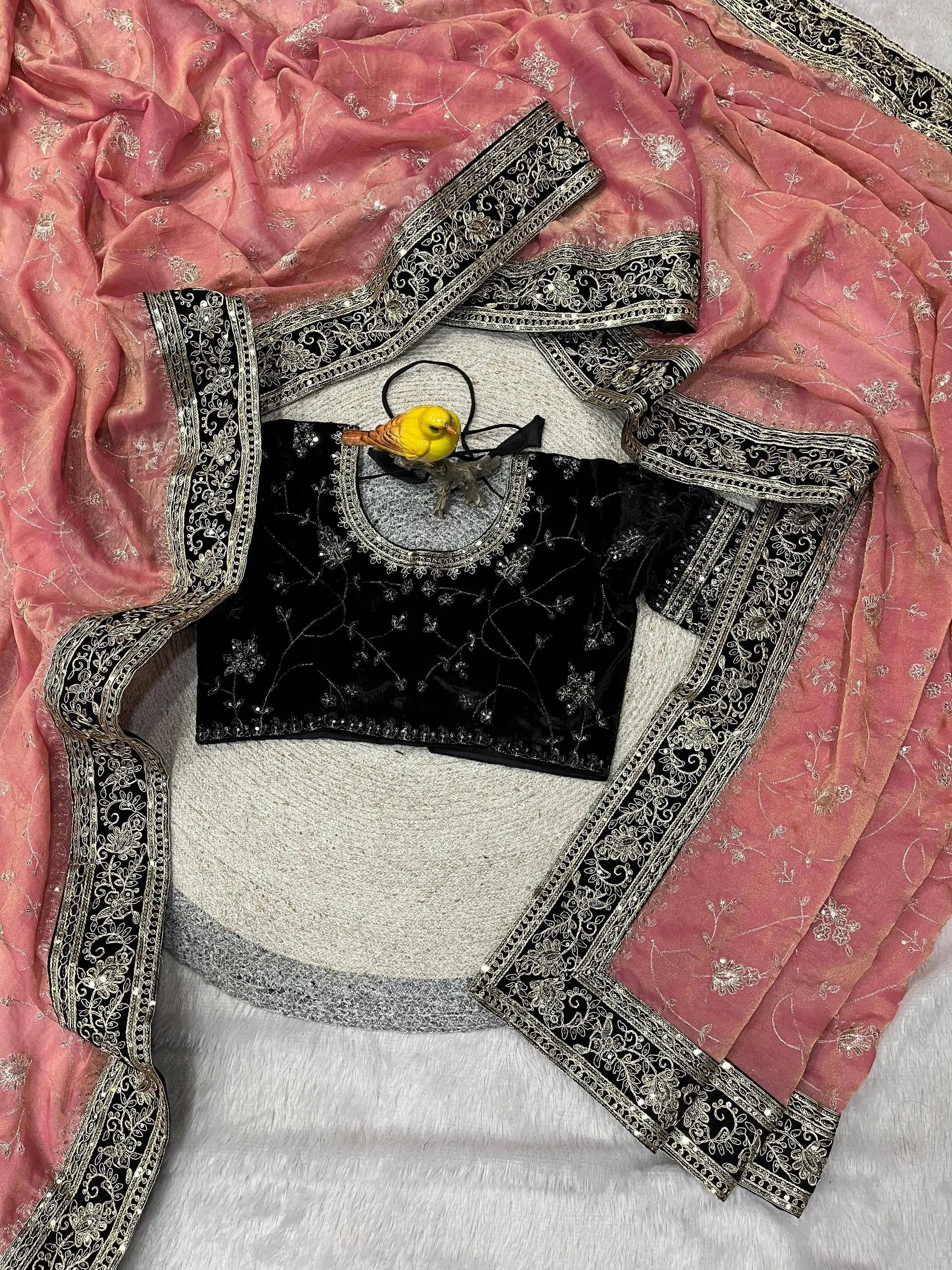 Embroidered Mocha Silk Saree with Velvet Blouse