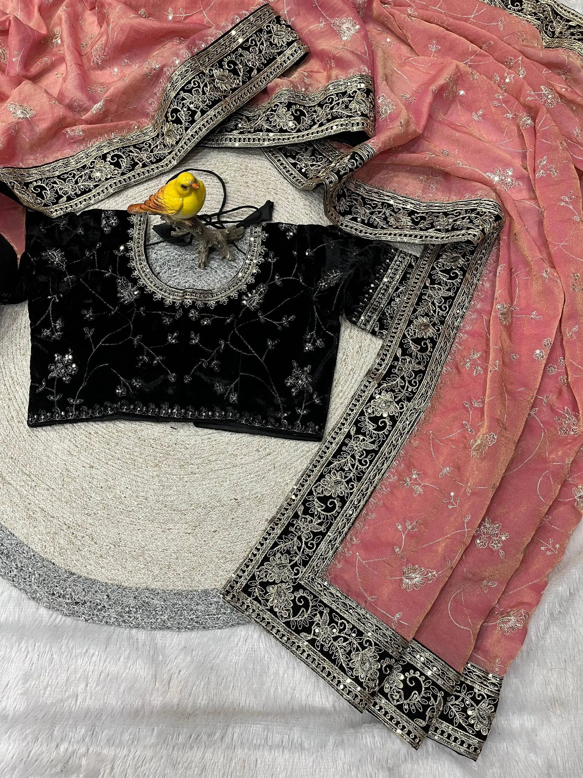 Embroidered Mocha Silk Saree with Velvet Blouse