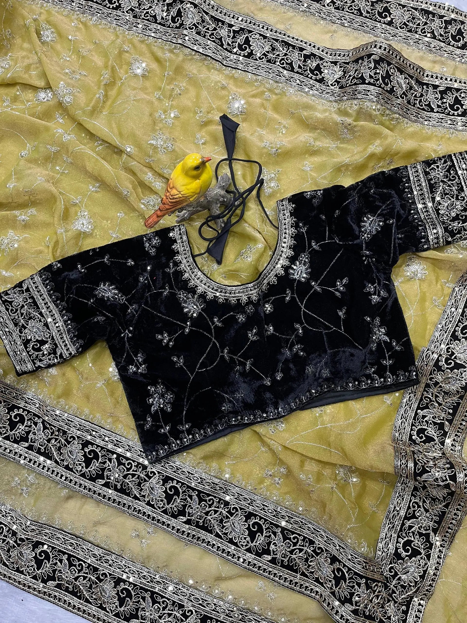 Embroidered Mocha Silk Saree with Velvet Blouse