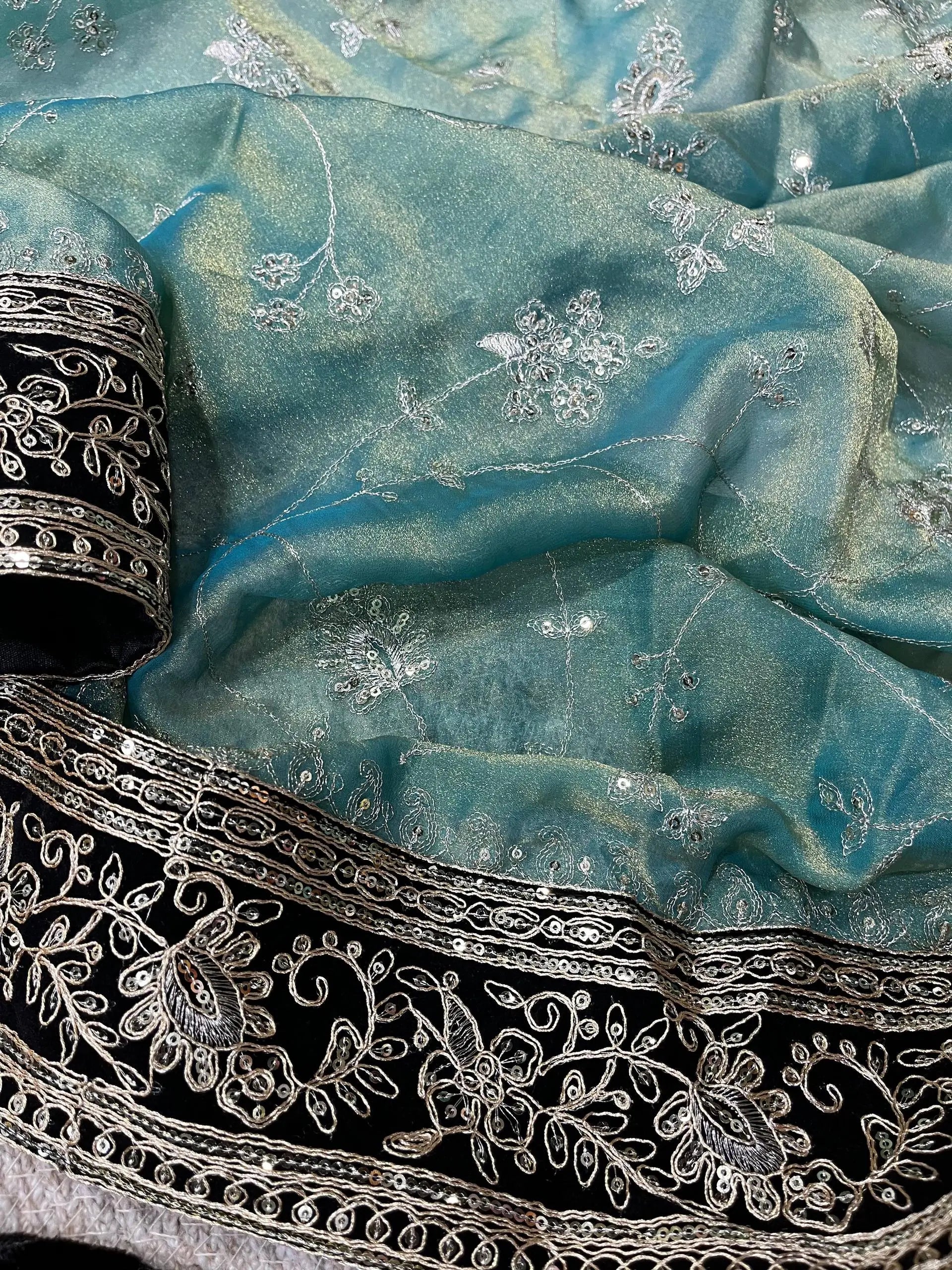 Embroidered Mocha Silk Saree with Velvet Blouse