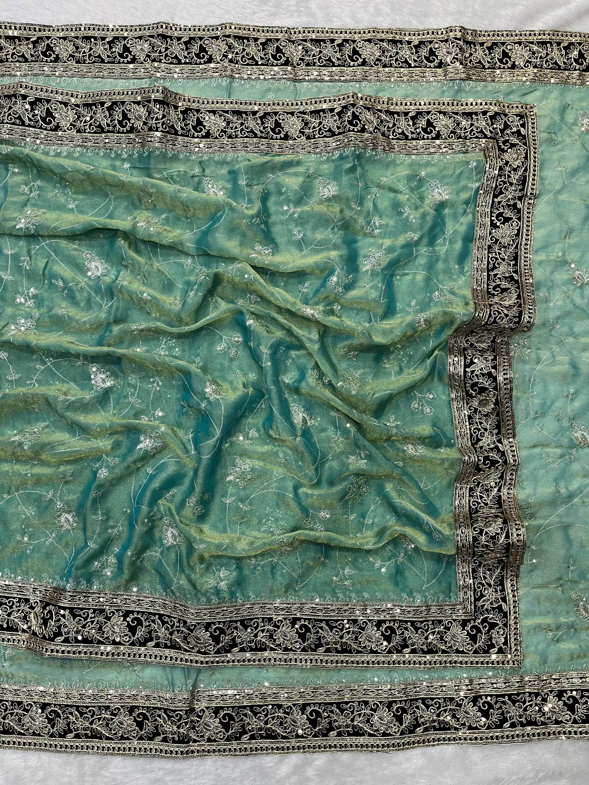 Embroidered Mocha Silk Saree with Velvet Blouse