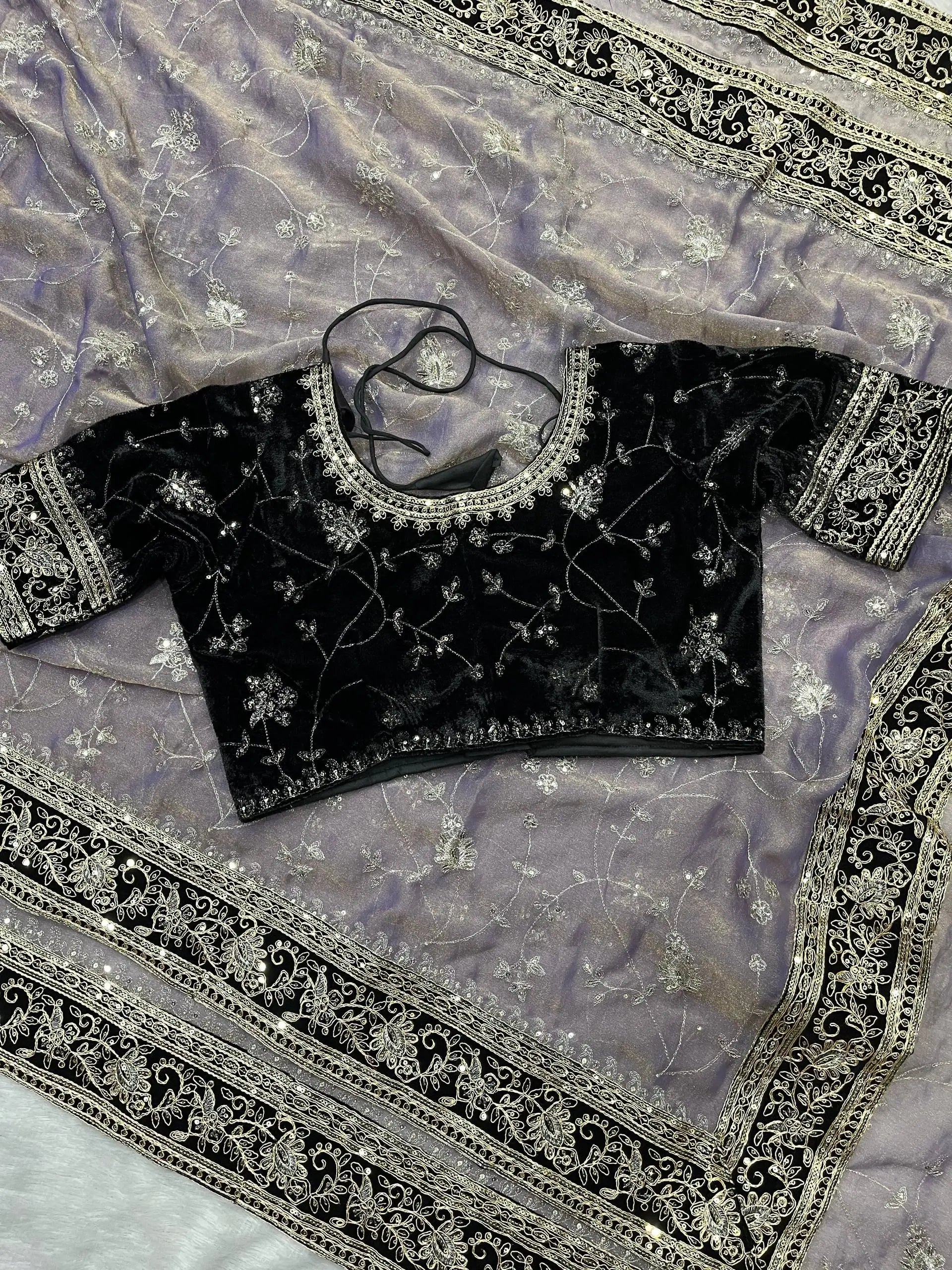 Embroidered Mocha Silk Saree with Velvet Blouse