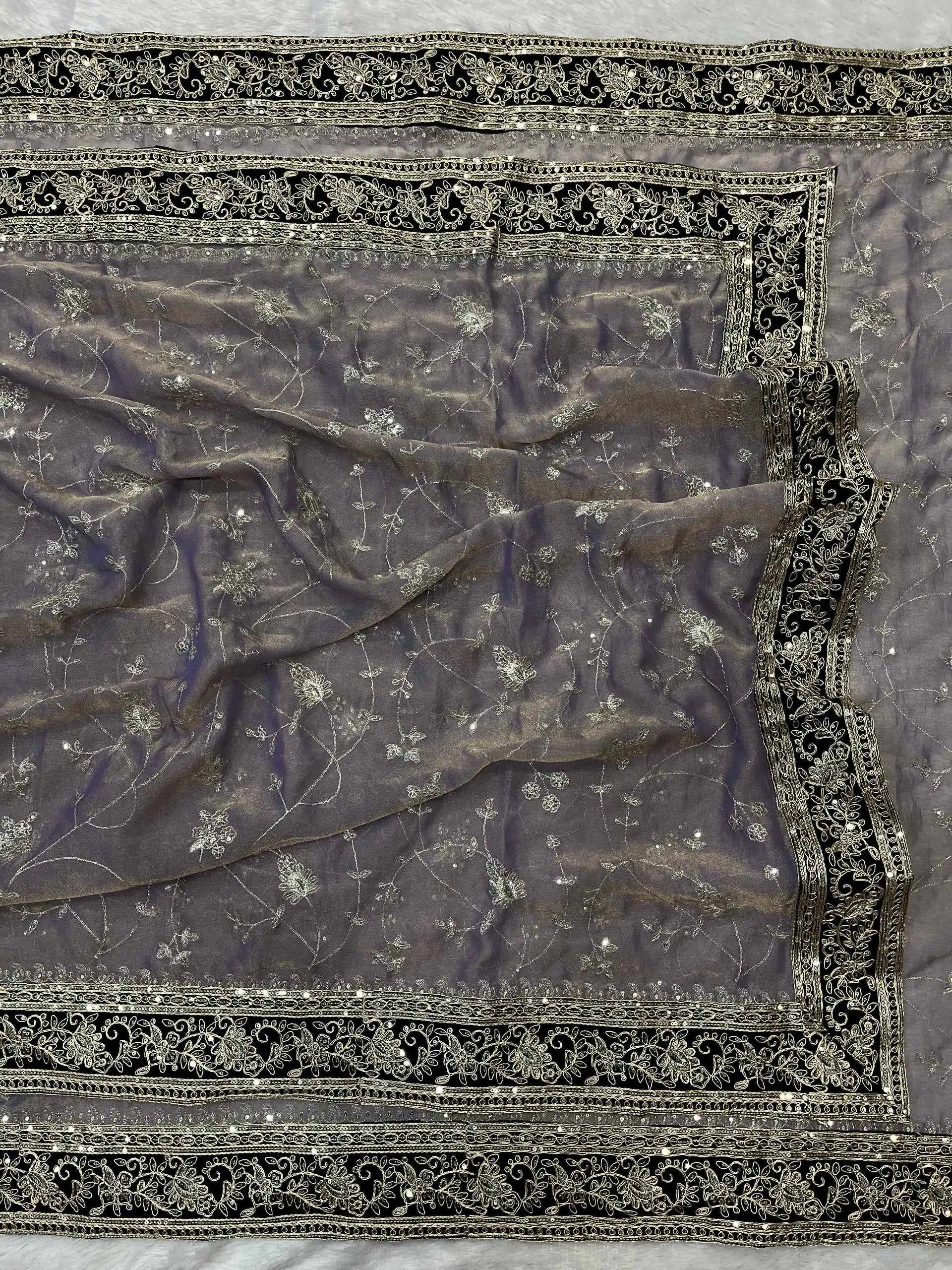 Embroidered Mocha Silk Saree with Velvet Blouse