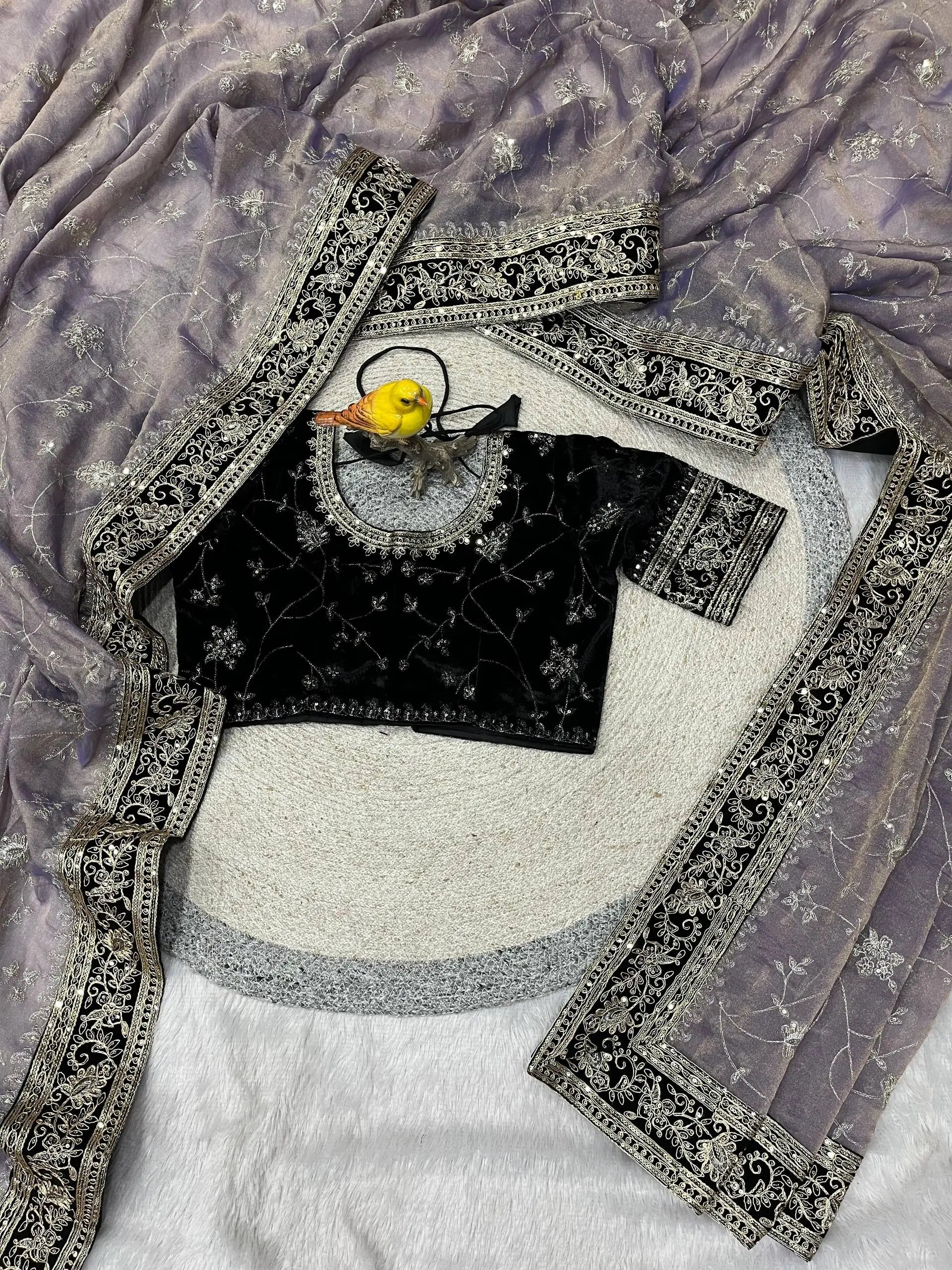 Embroidered Mocha Silk Saree with Velvet Blouse