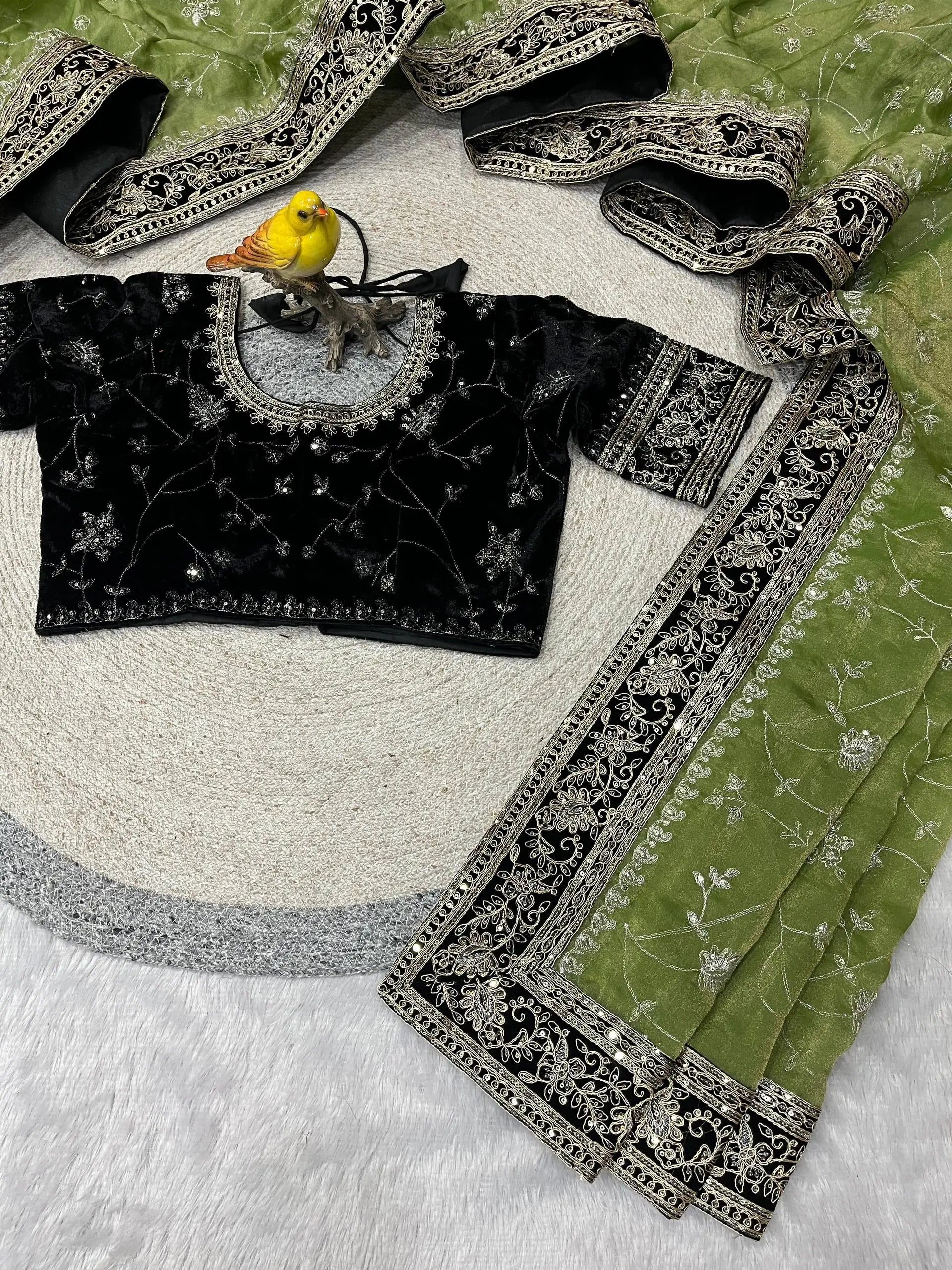 Embroidered Mocha Silk Saree with Velvet Blouse