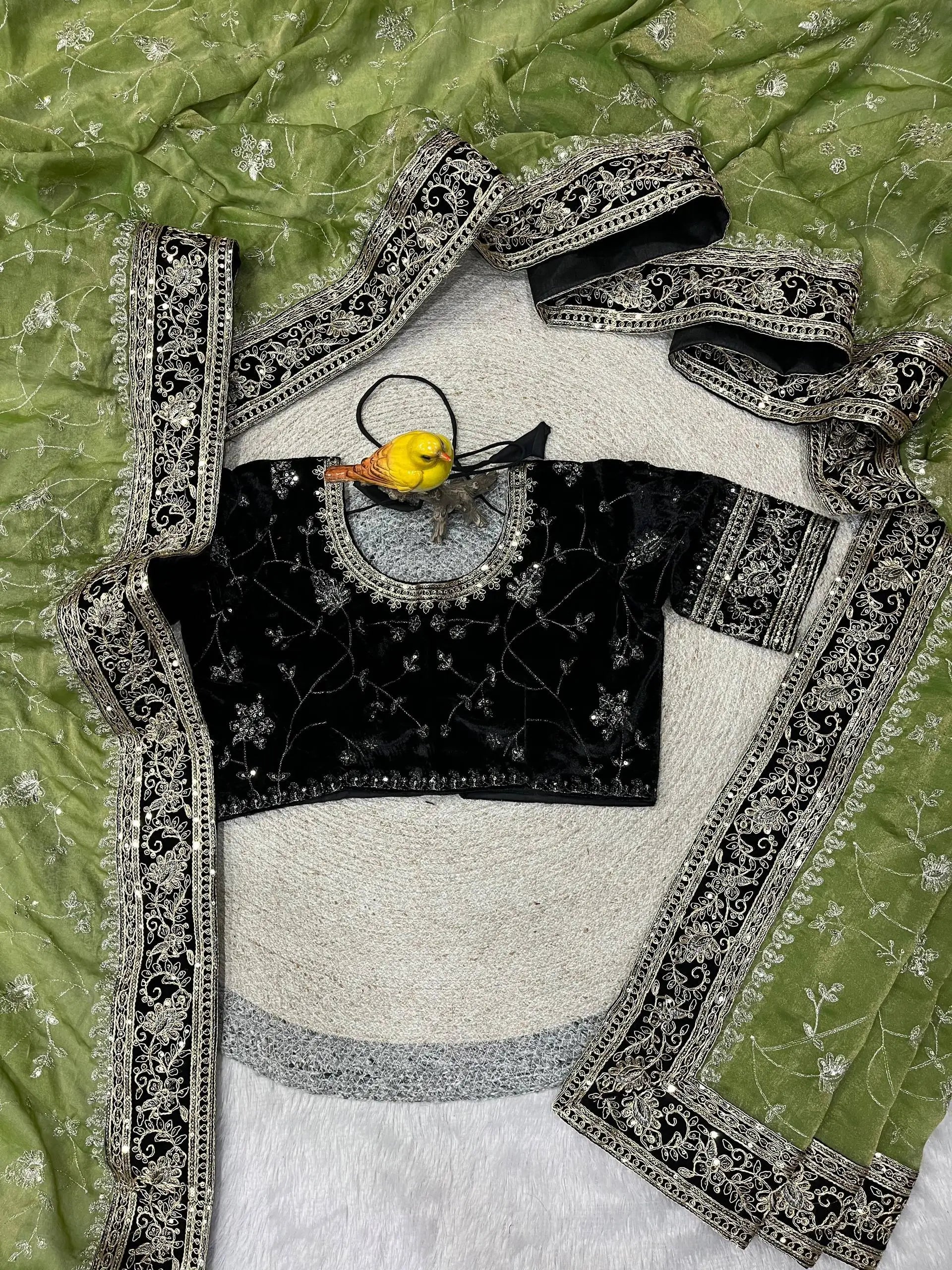 Embroidered Mocha Silk Saree with Velvet Blouse