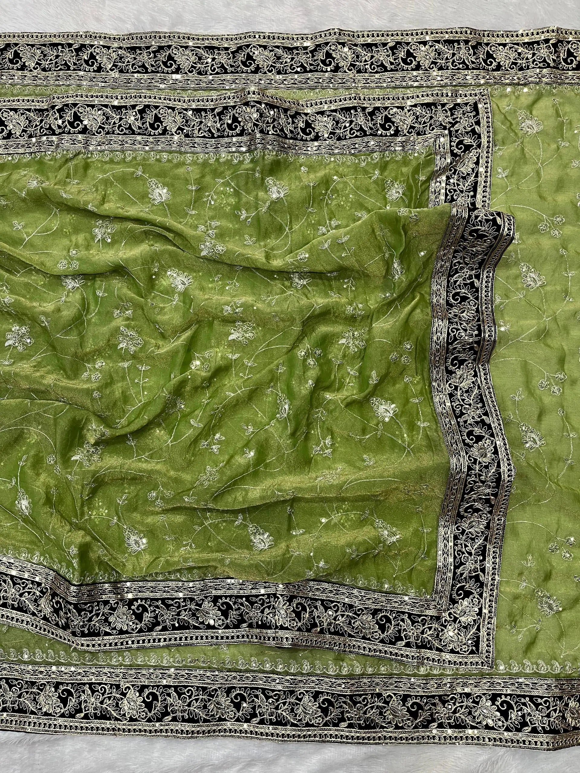 Embroidered Mocha Silk Saree with Velvet Blouse