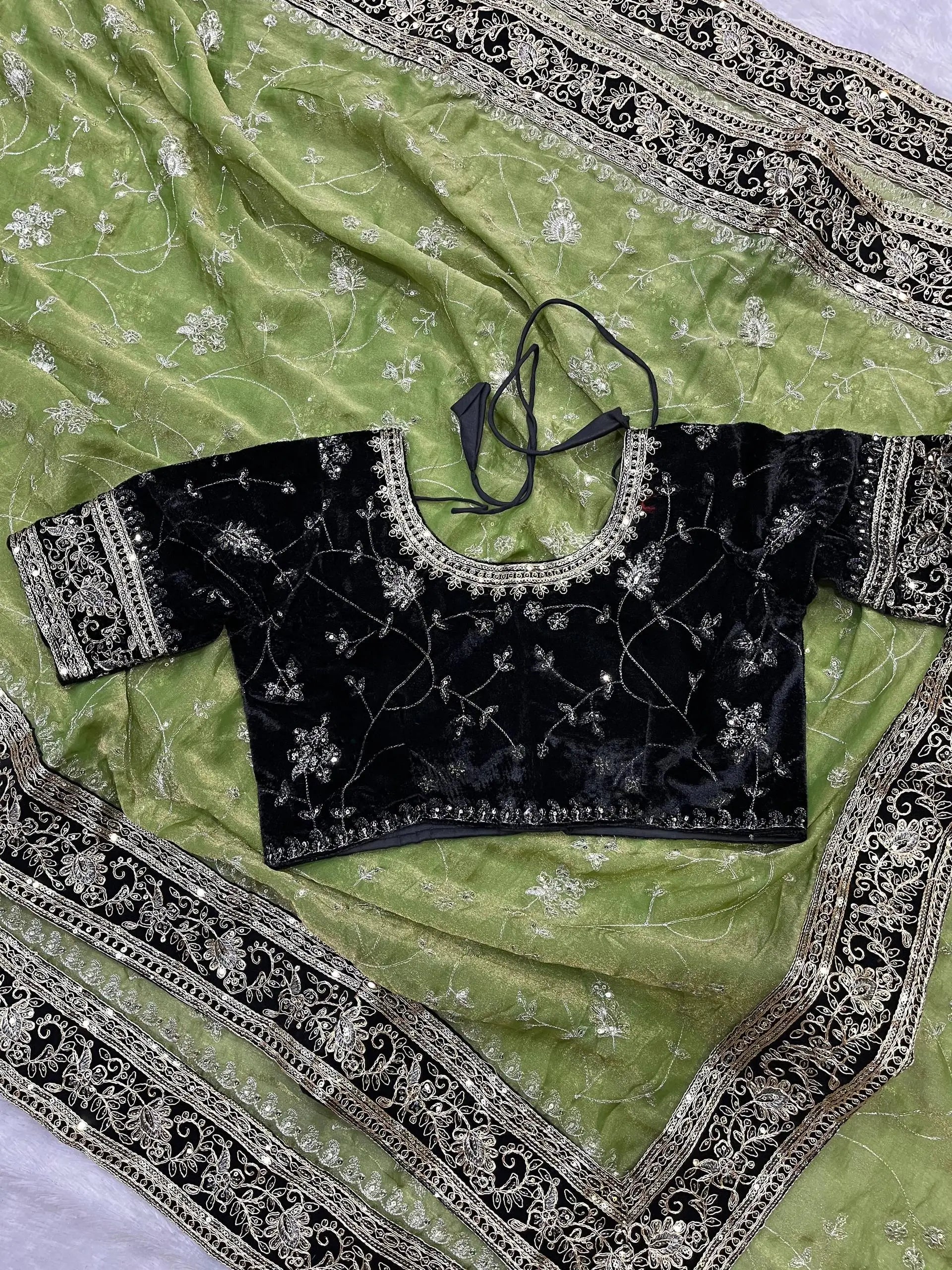 Embroidered Mocha Silk Saree with Velvet Blouse