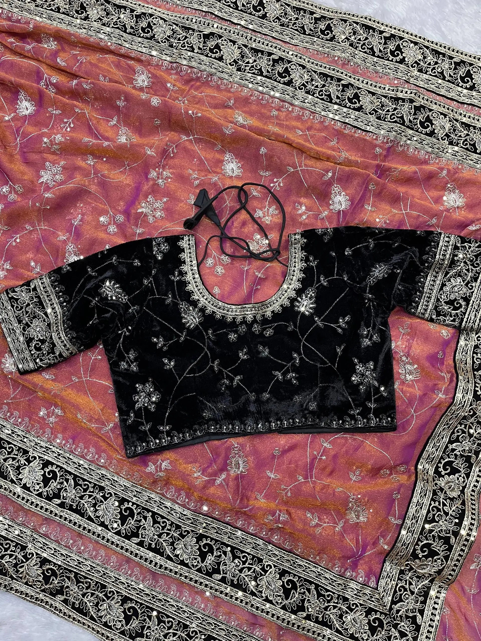 Embroidered Mocha Silk Saree with Velvet Blouse