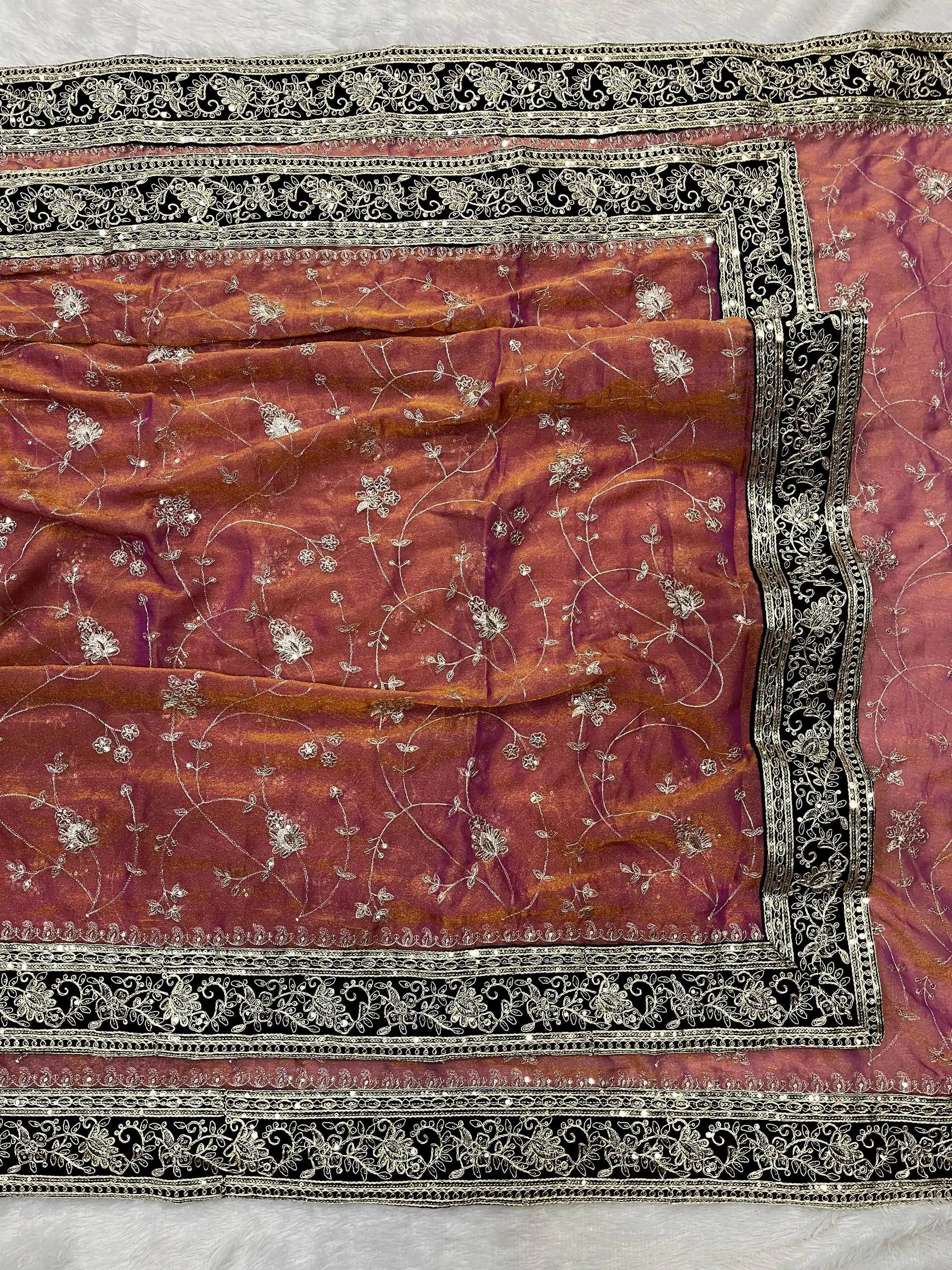 Embroidered Mocha Silk Saree with Velvet Blouse