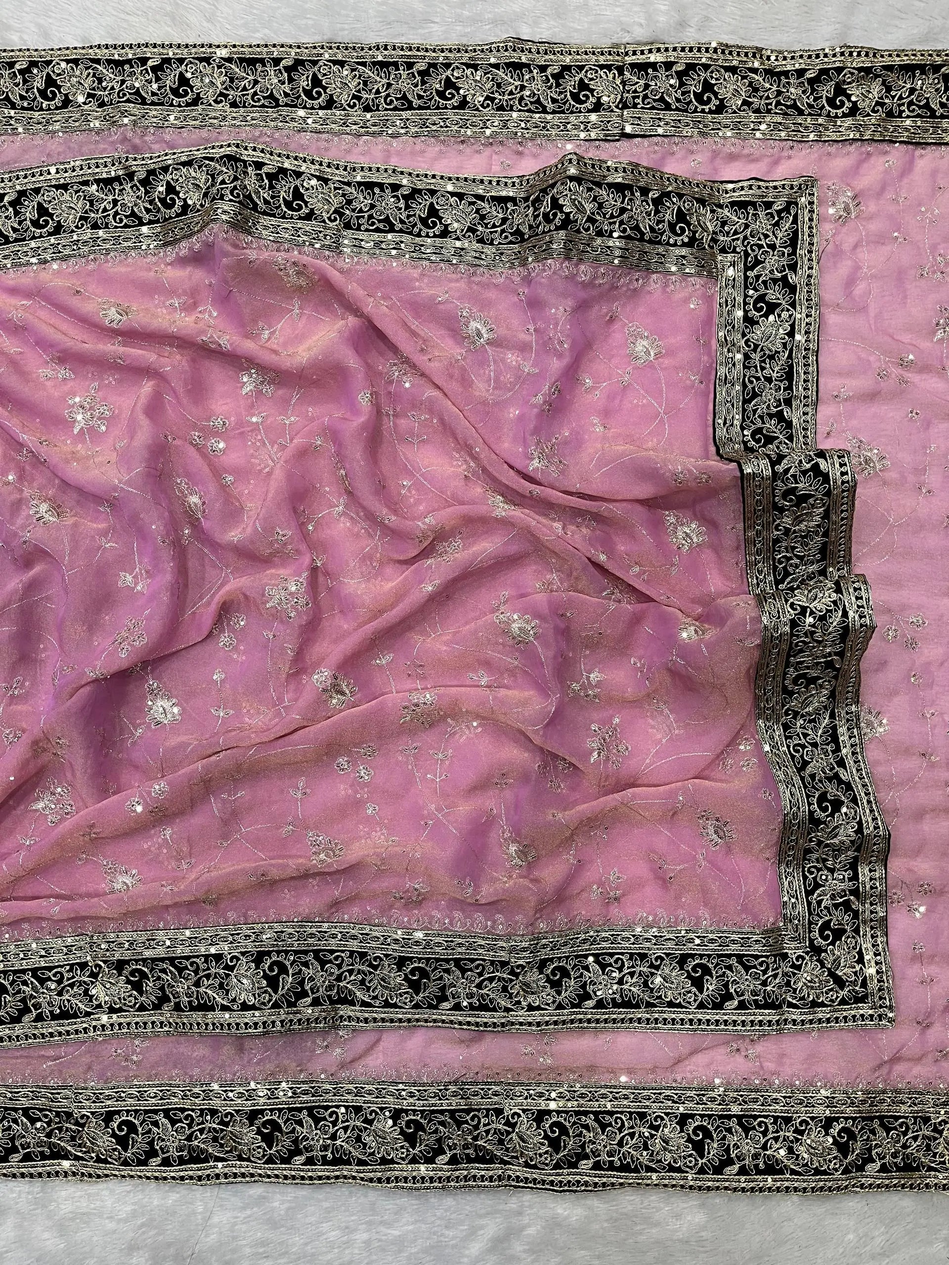 Embroidered Mocha Silk Saree with Velvet Blouse