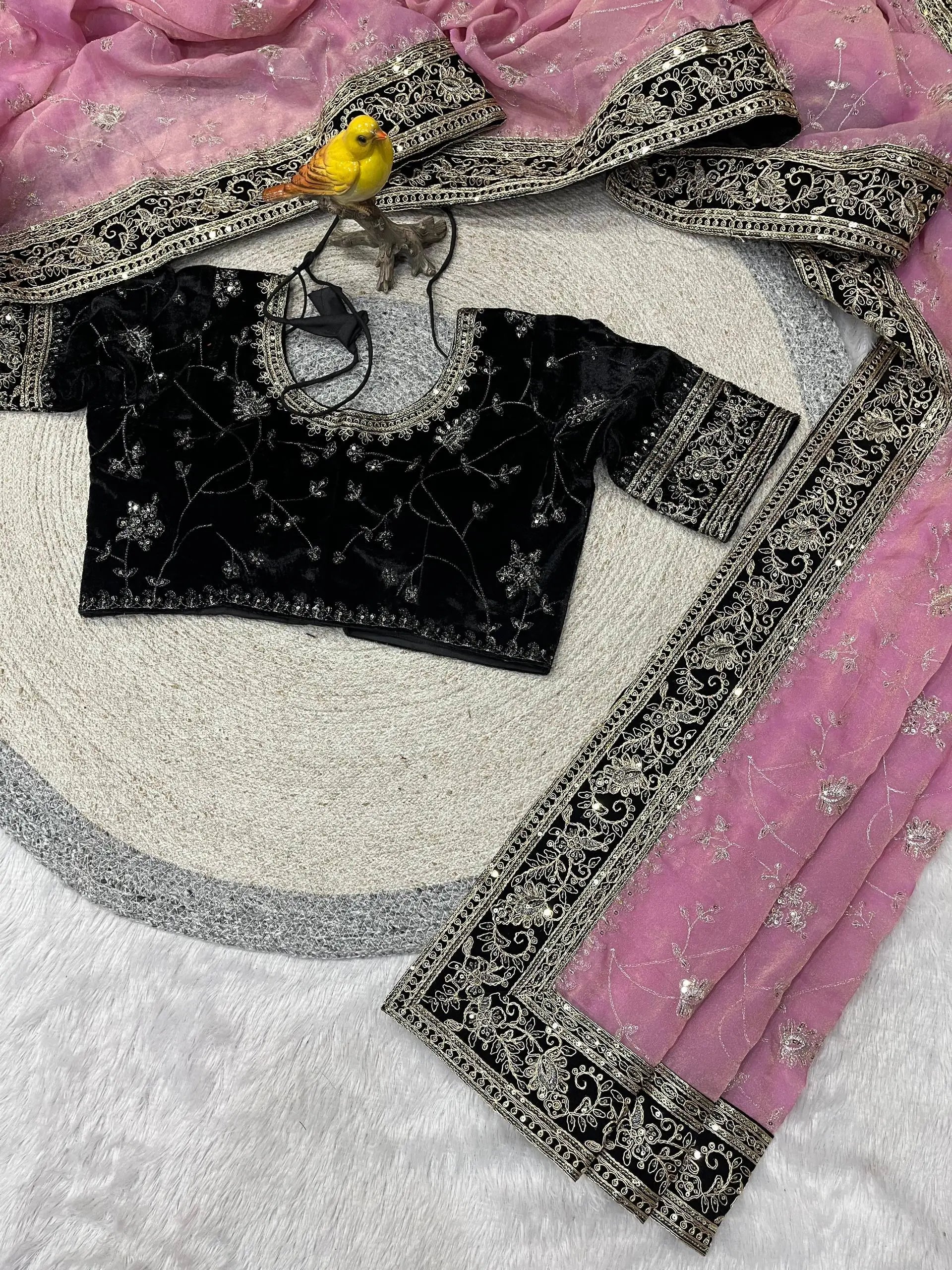 Embroidered Mocha Silk Saree with Velvet Blouse