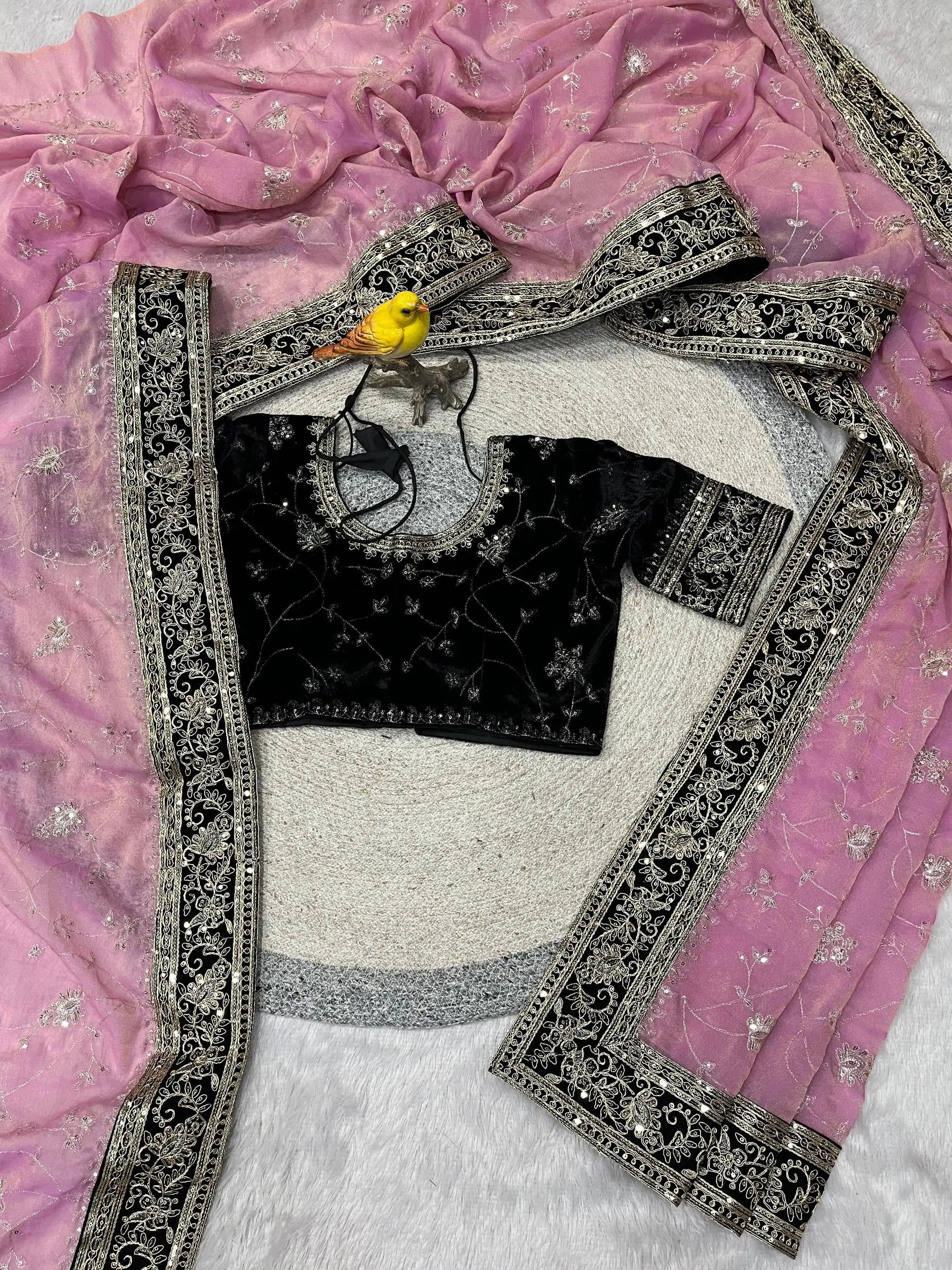 Embroidered Mocha Silk Saree with Velvet Blouse