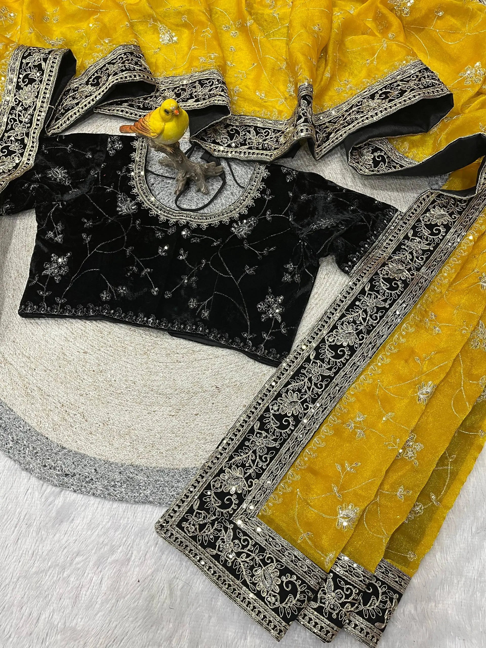 Embroidered Mocha Silk Saree with Velvet Blouse