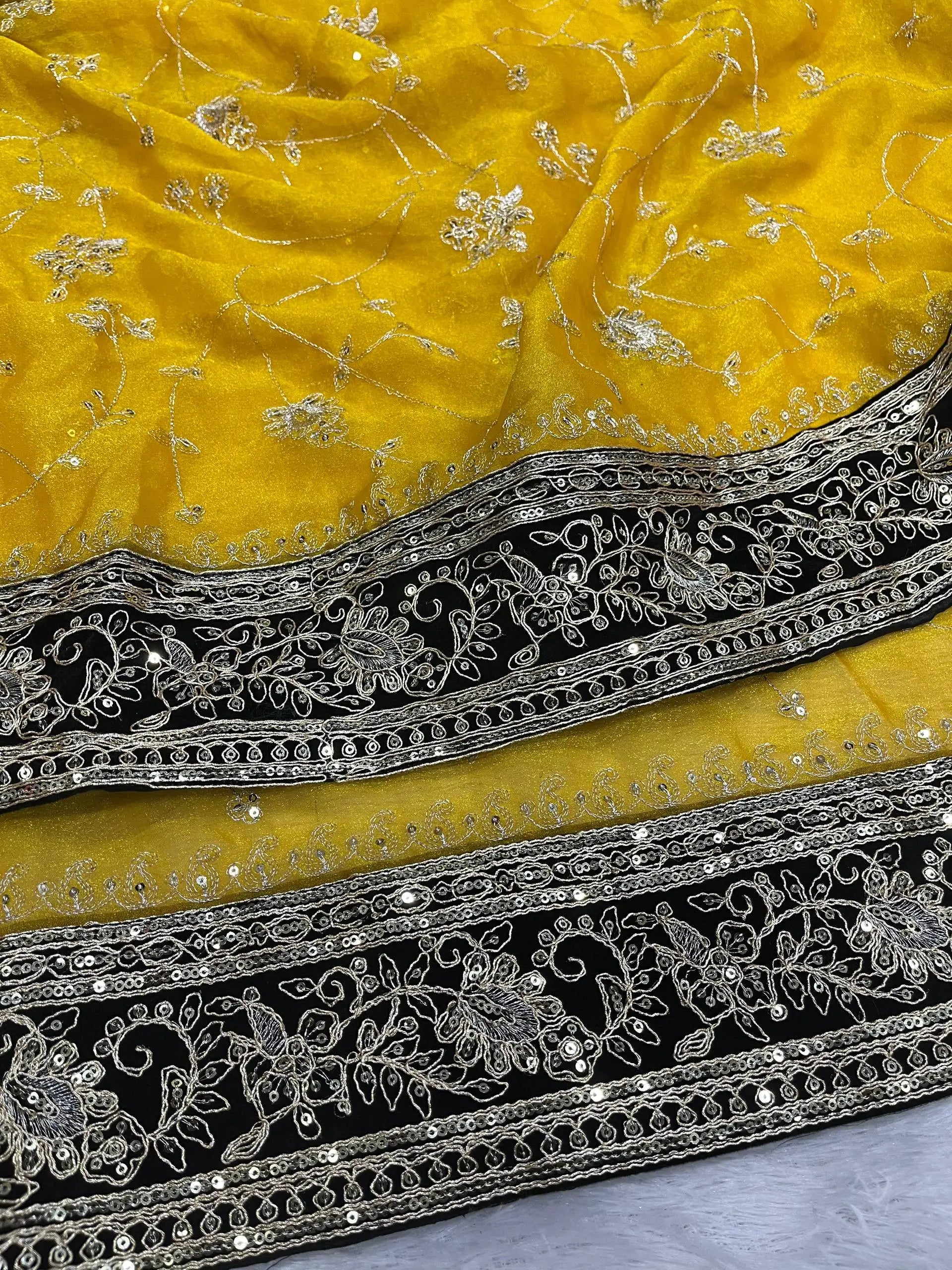 Embroidered Mocha Silk Saree with Velvet Blouse