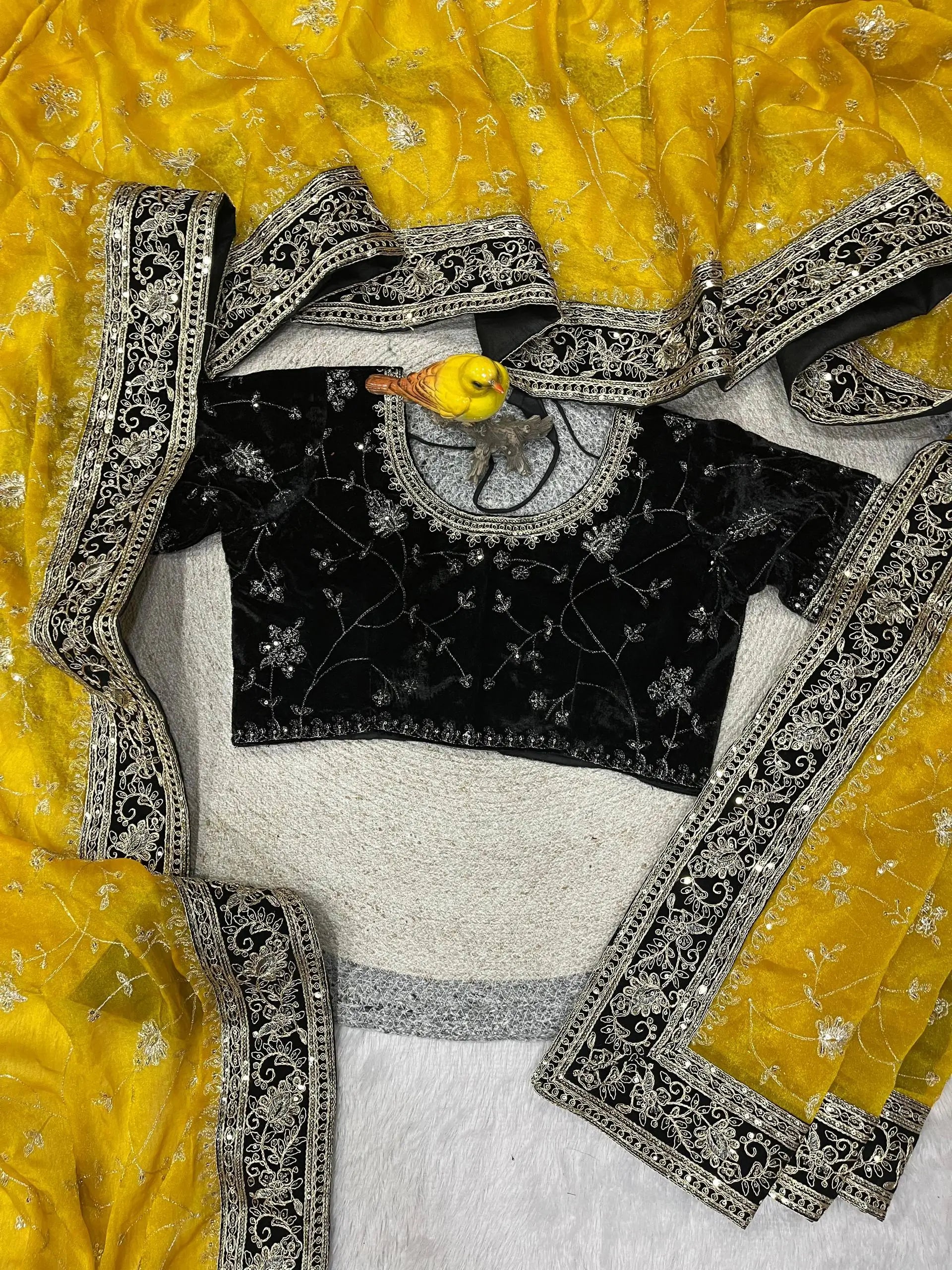 Embroidered Mocha Silk Saree with Velvet Blouse