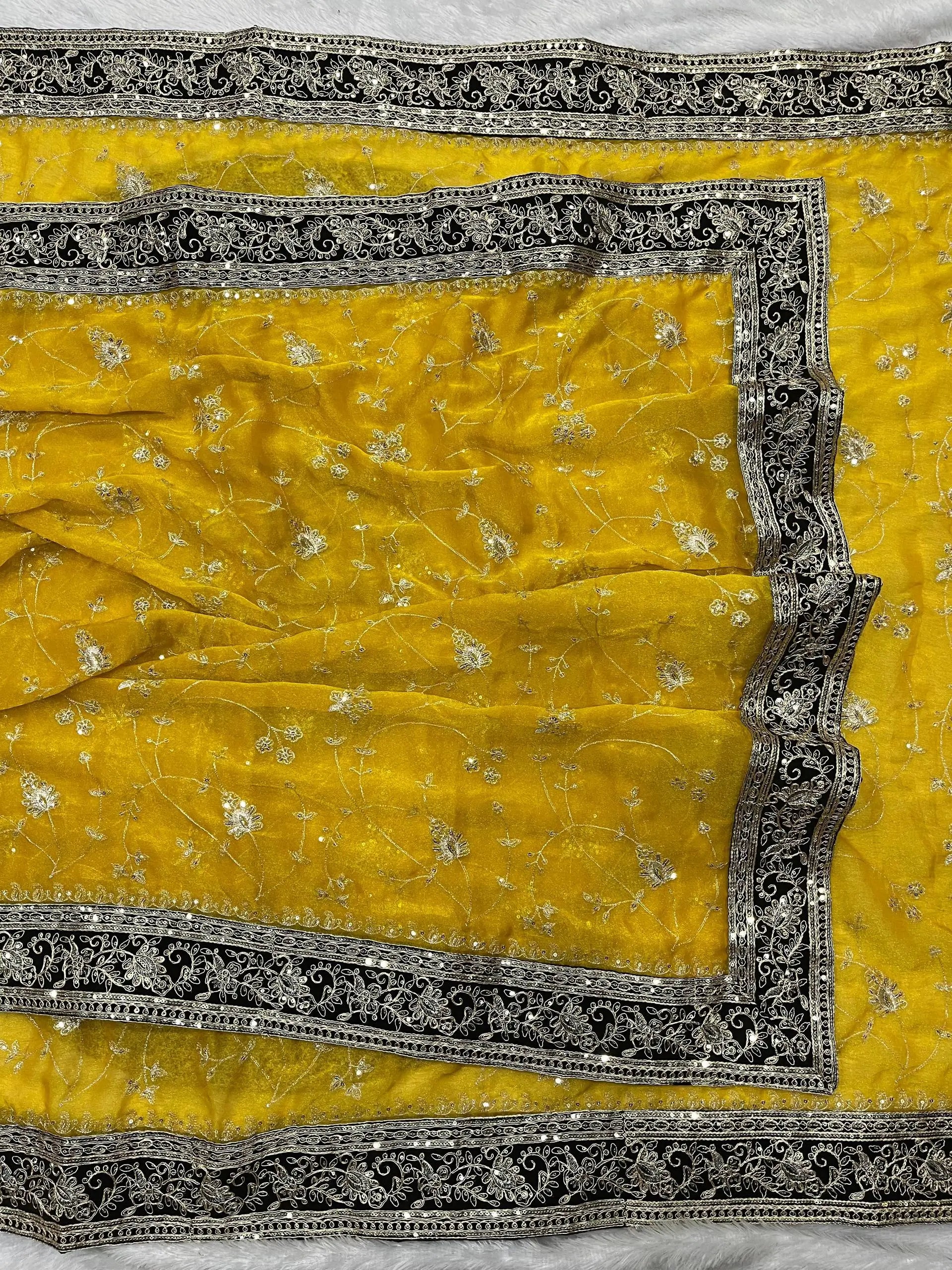 Embroidered Mocha Silk Saree with Velvet Blouse