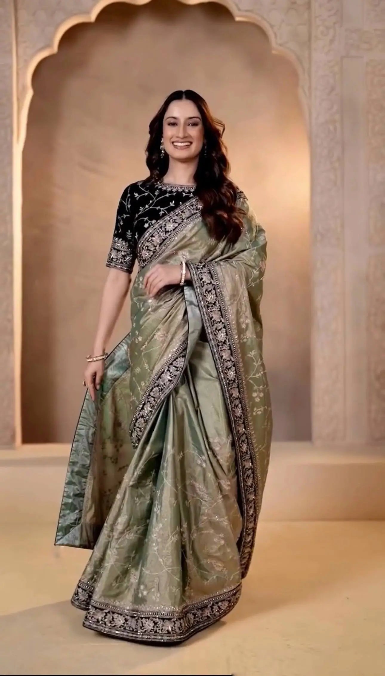 Embroidered Mocha Silk Saree with Velvet Blouse