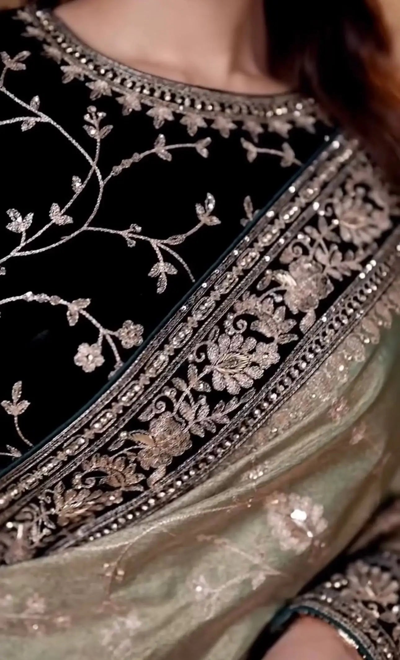 Embroidered Mocha Silk Saree with Velvet Blouse