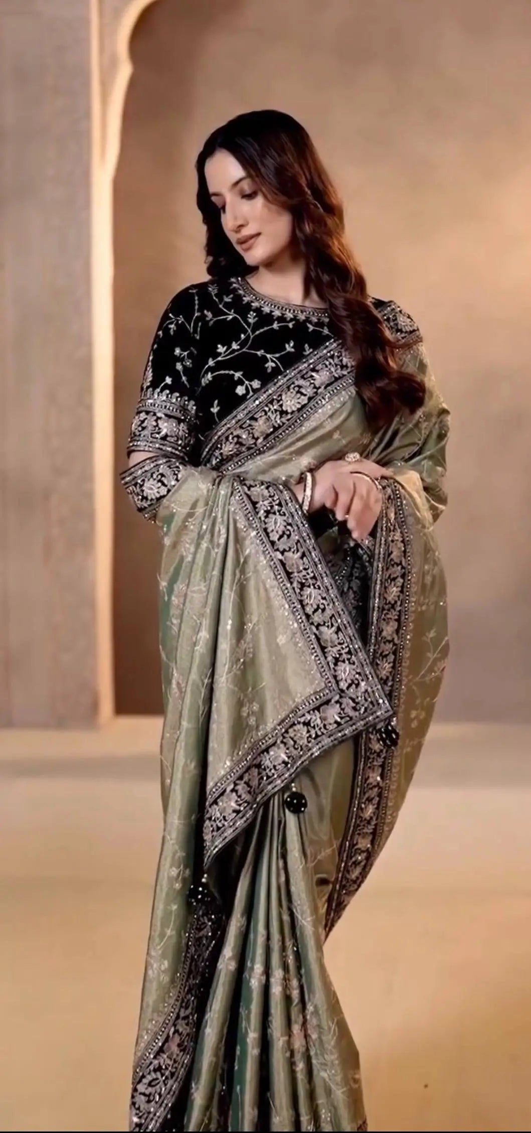 Embroidered Mocha Silk Saree with Velvet Blouse