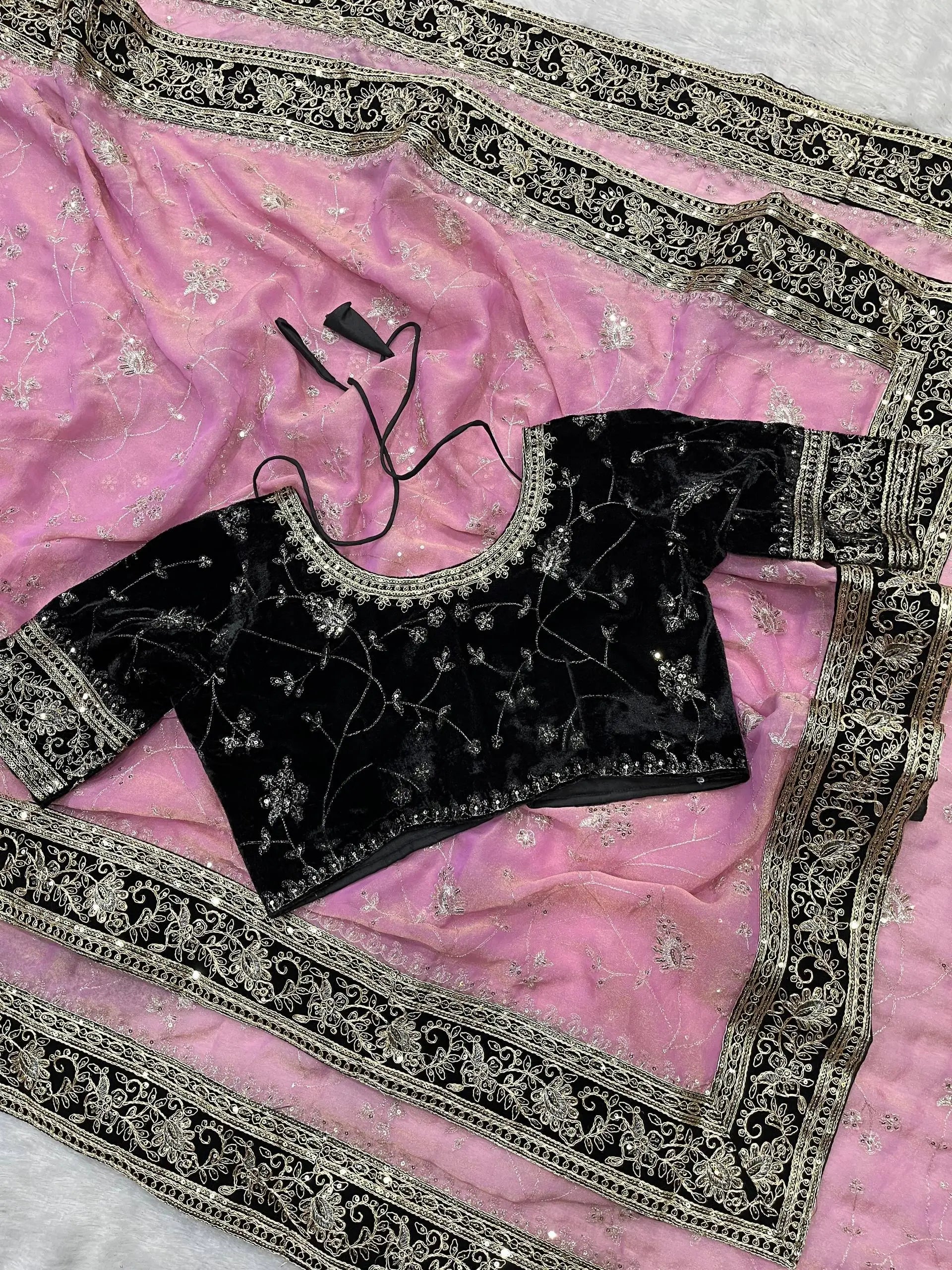 Embroidered Mocha Silk Saree with Velvet Blouse