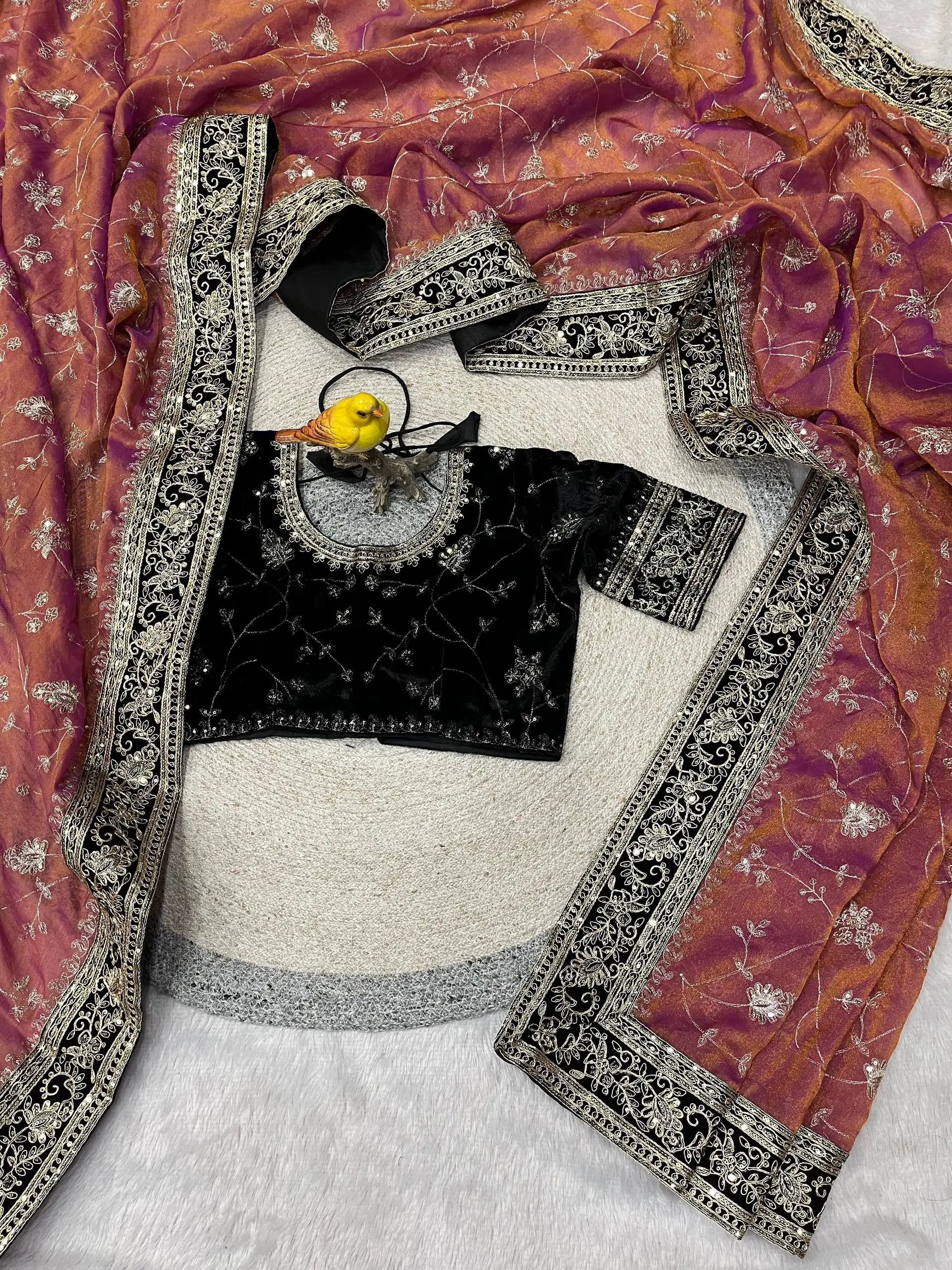 Embroidered Mocha Silk Saree with Velvet Blouse