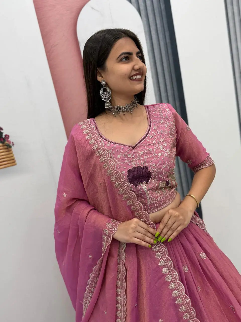 Embroidered Moss Simar Lehenga Choli Set