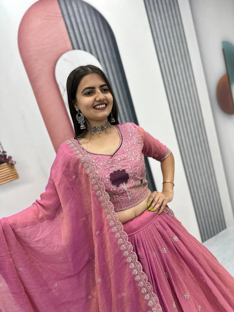 Embroidered Moss Simar Lehenga Choli Set