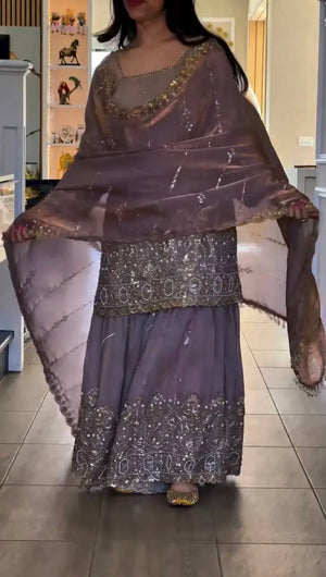 Embroidered NC Satin Sharara Suit Set with Dupatta