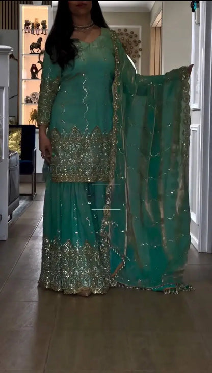 Embroidered NC Satin Sharara Suit Set with Dupatta