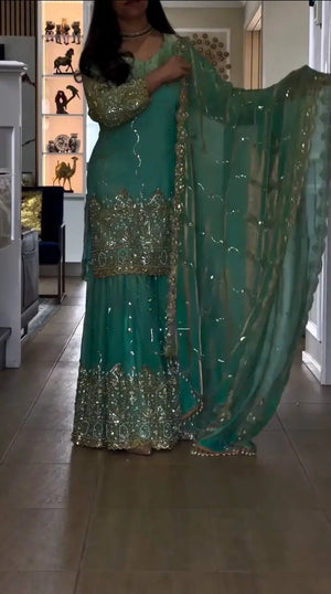 Embroidered NC Satin Sharara Suit Set with Dupatta