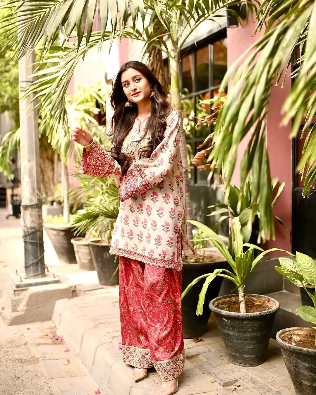 Embroidered Natural Crepe Farshi Palazzo Suit Set