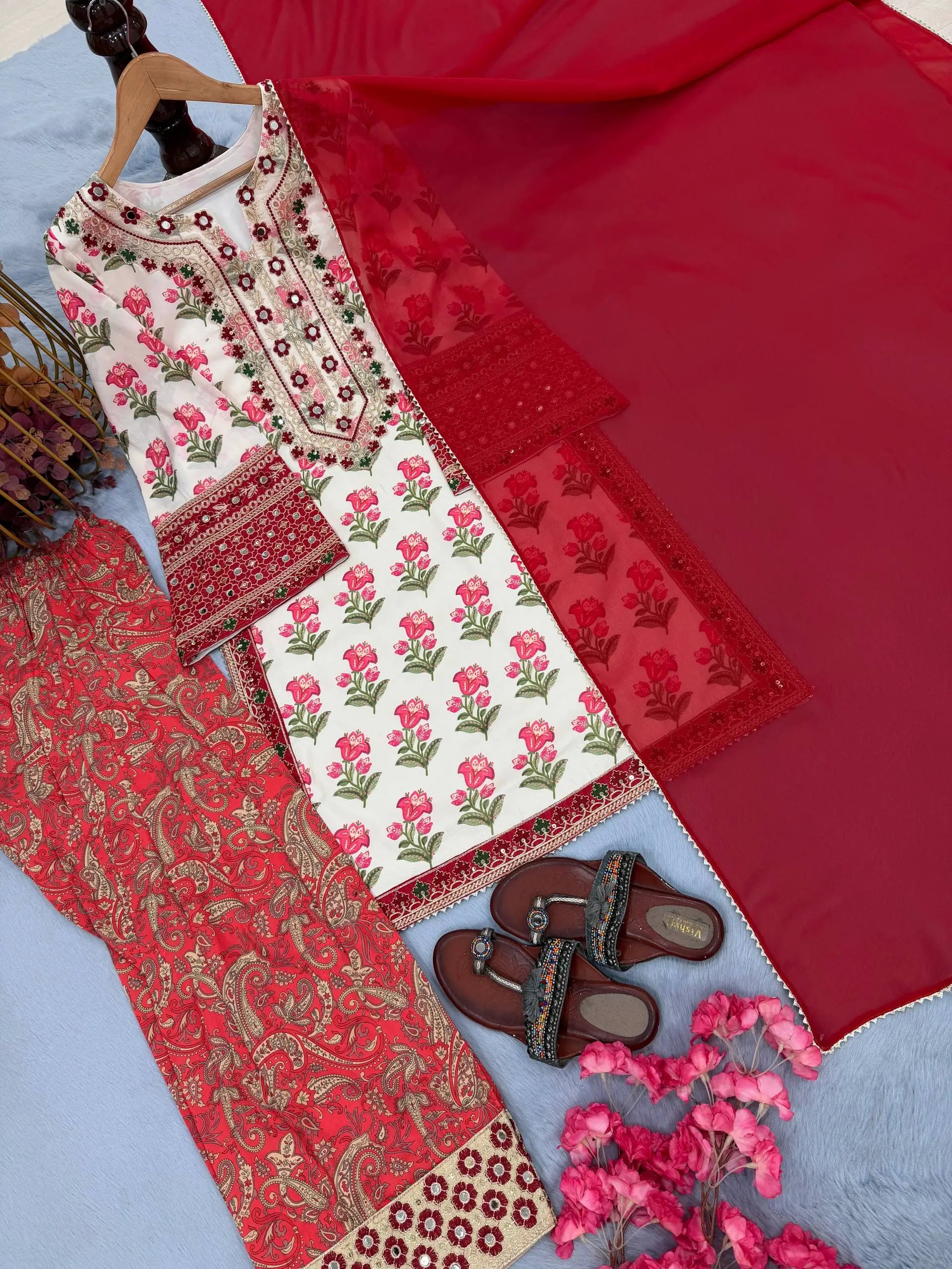 Embroidered Natural Crepe Farshi Palazzo Suit Set