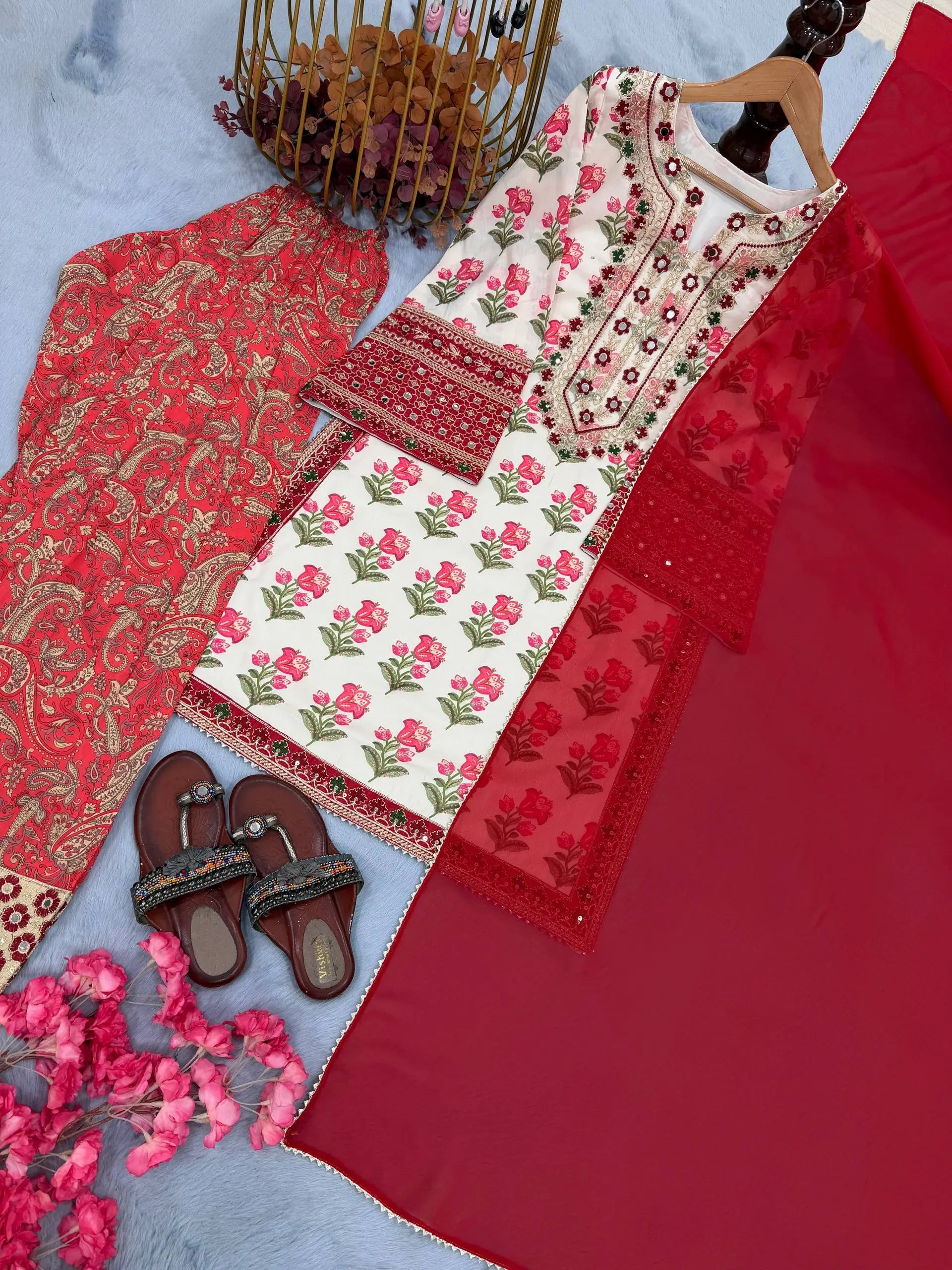 Embroidered Natural Crepe Farshi Palazzo Suit Set