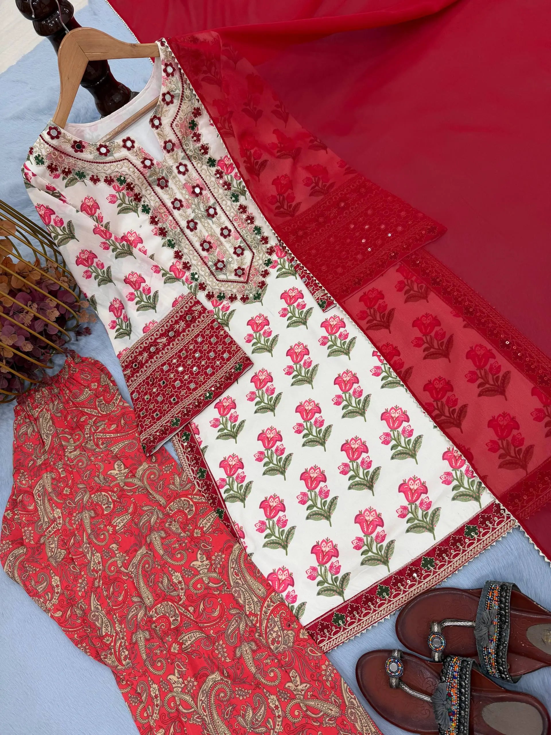 Embroidered Natural Crepe Farshi Palazzo Suit Set