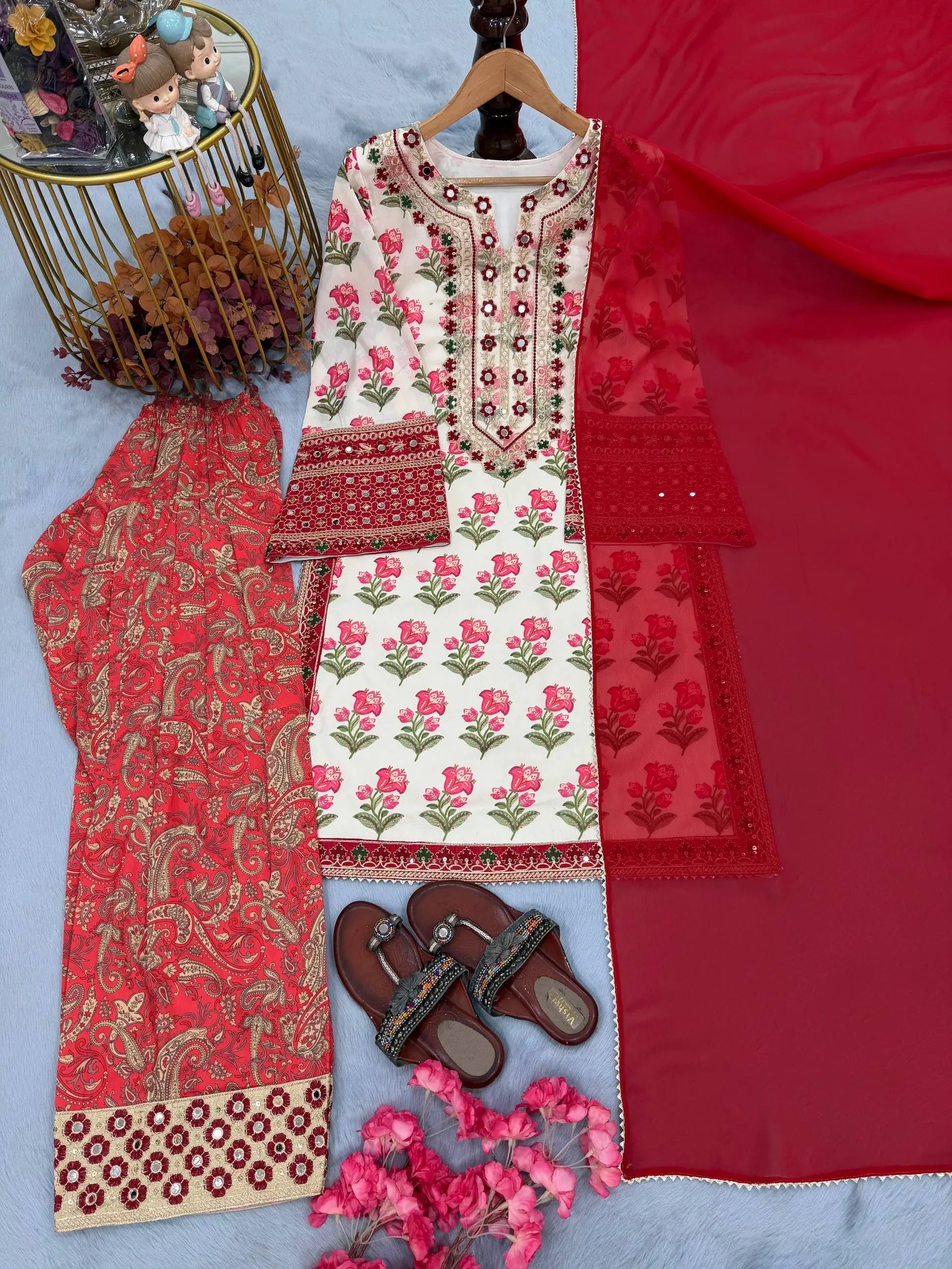 Embroidered Natural Crepe Farshi Palazzo Suit Set