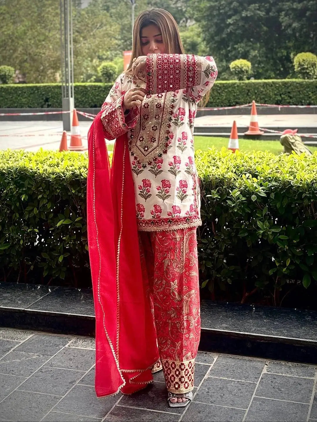 Embroidered Natural Crepe Farshi Palazzo Suit Set
