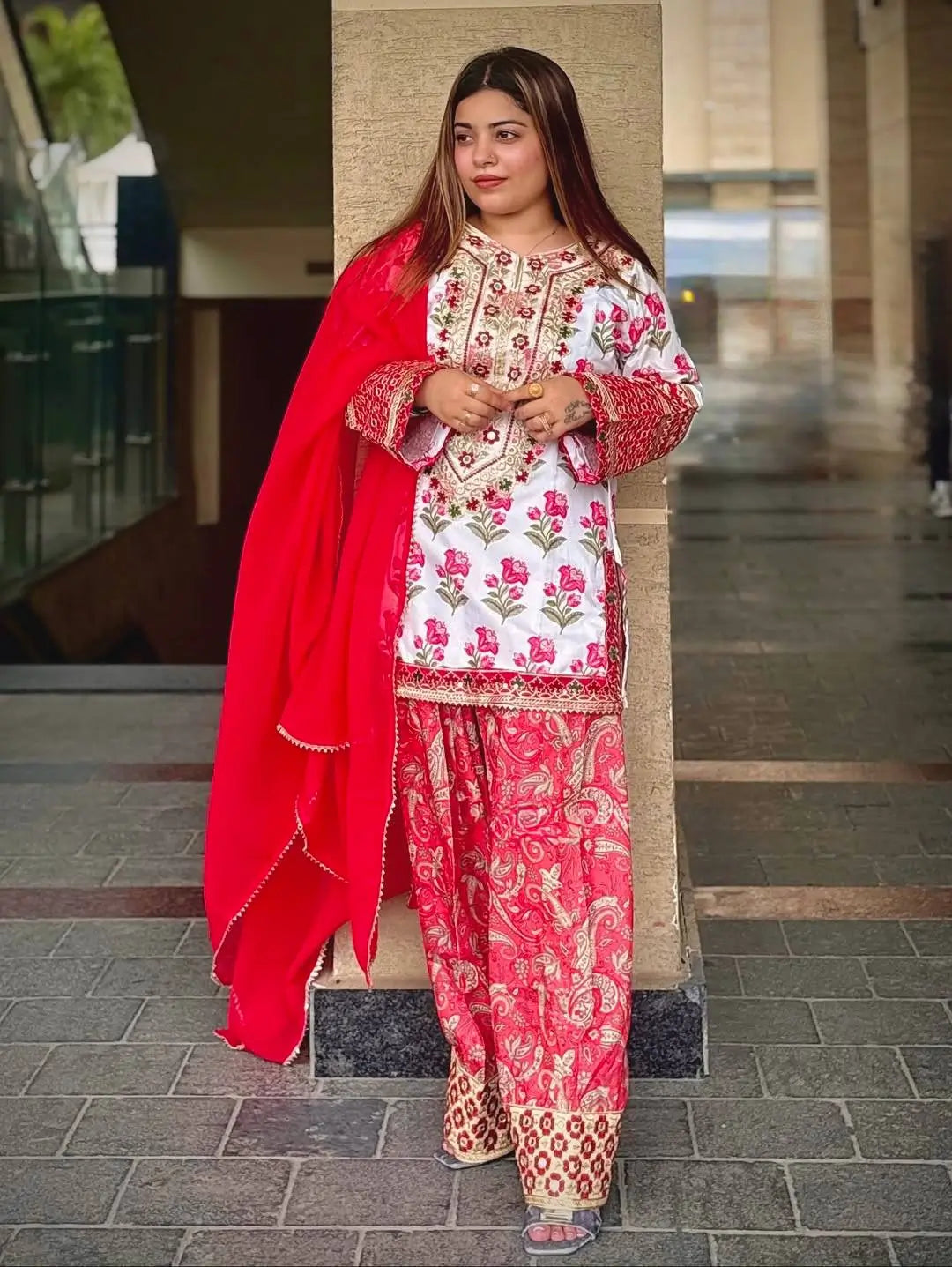 Embroidered Natural Crepe Farshi Palazzo Suit Set